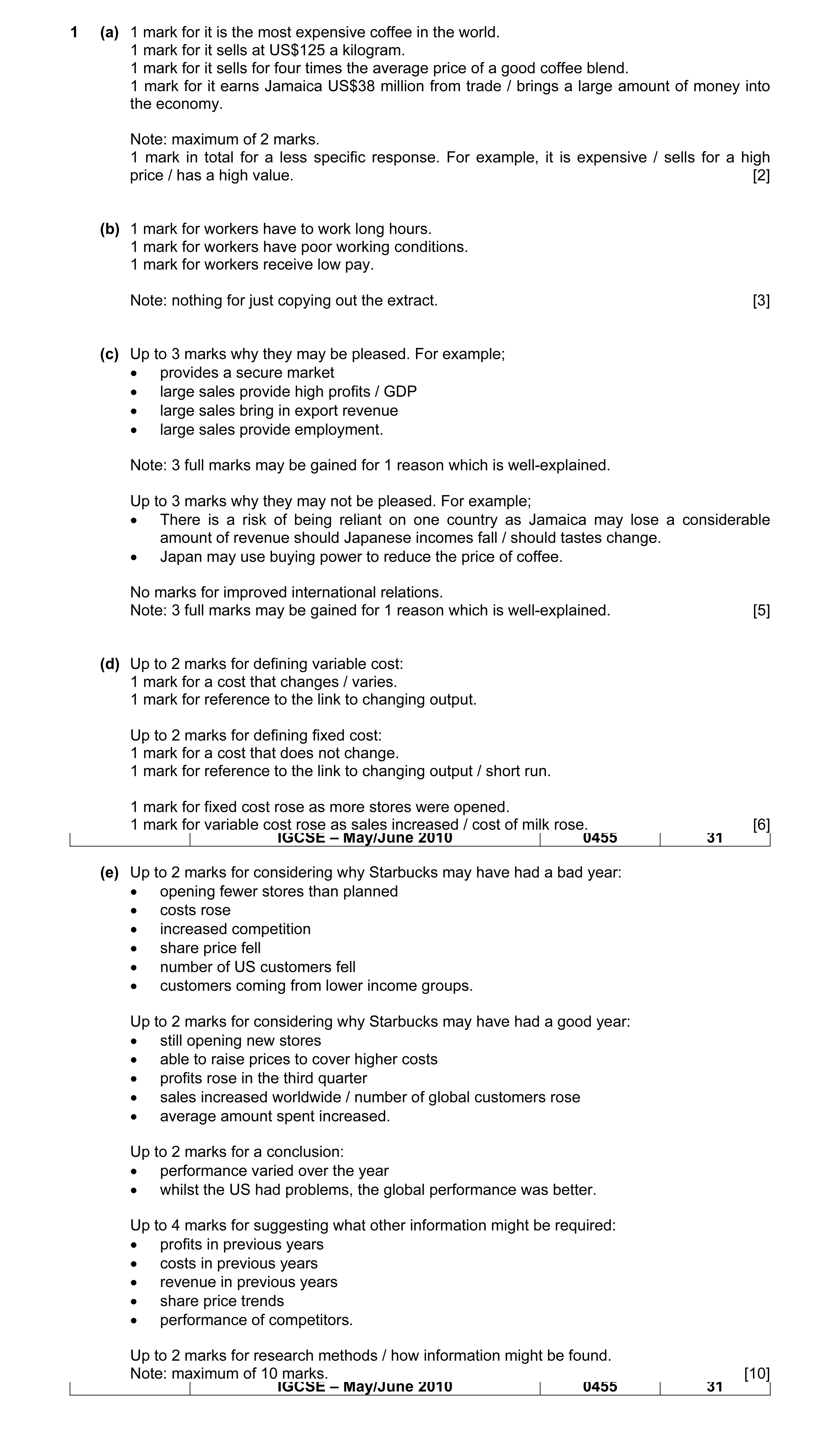 Mark scheme for question 1