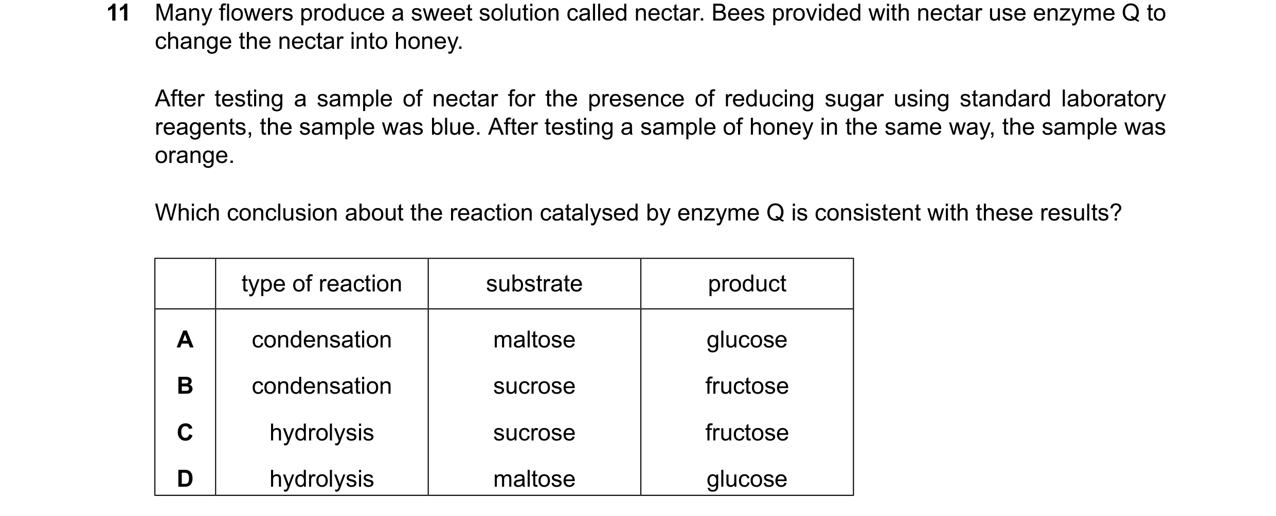 Question 91: Many flowers produce a sweet solution called nectar. Bees provided with nectar use enzyme Q to change the nectar into honey. After testing …