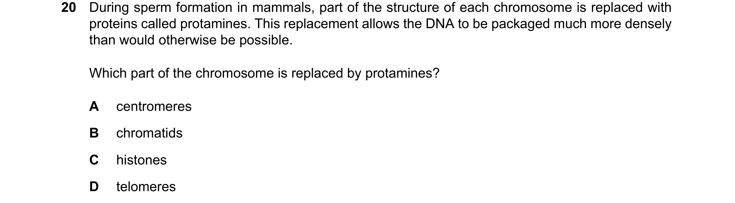 Question 113: During sperm formation in mammals, part of the structure of each chromosome is replaced with proteins called protamines. This replacement a…