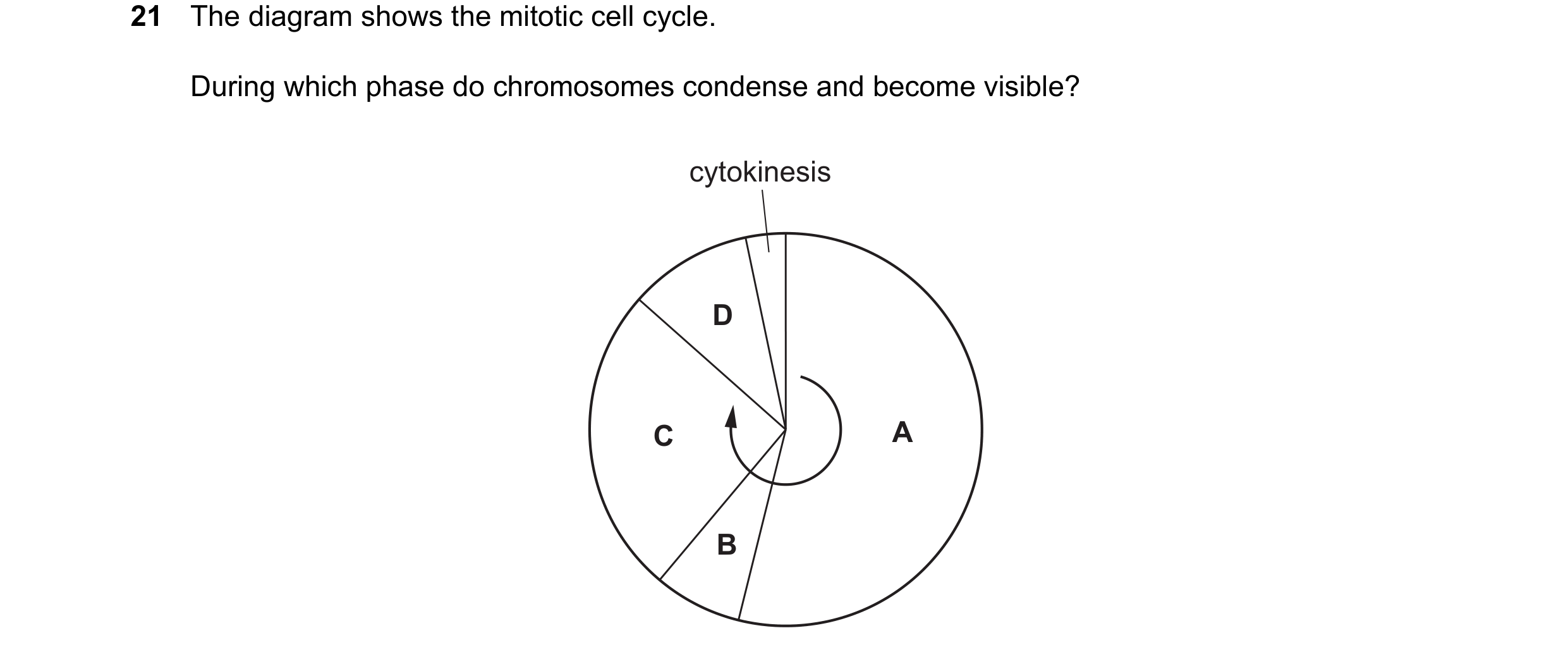 Question 114: The diagram shows the mitotic cell cycle. During which phase do chromosomes condense and become visible? cytokinesis D C A B
