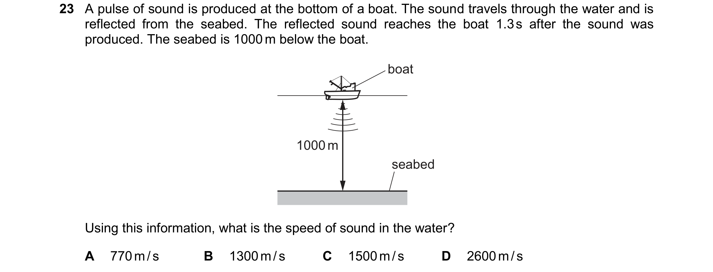 Question 179: A pulse of sound is produced at the bottom of a boat. The sound travels through the water and is reflected from the seabed. The reflected s…
