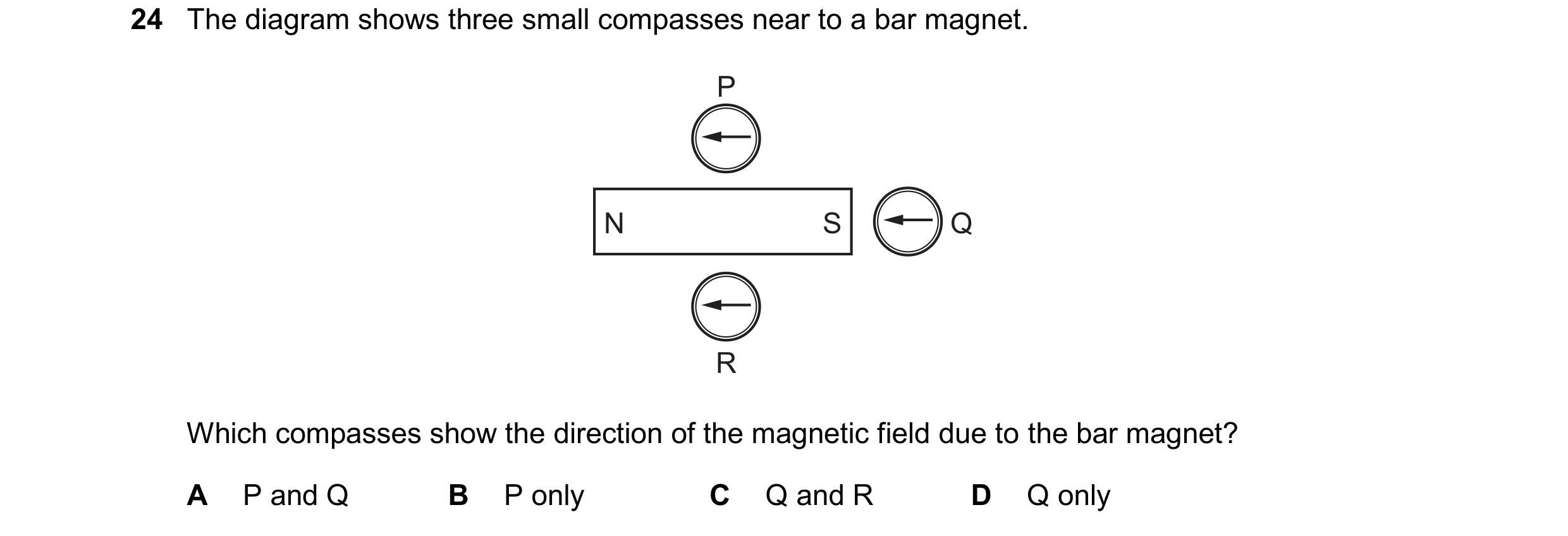 Question 213: The diagram shows three small compasses near to a bar magnet. P N S Q R Which compasses show the direction of the magnetic field due to the…