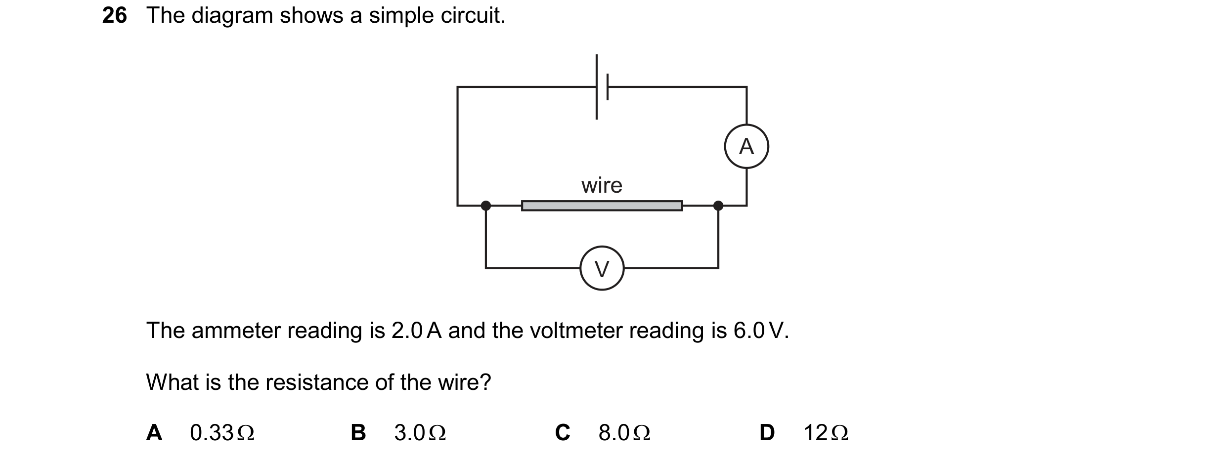 Question 372: The diagram shows a simple circuit. A wire V The ammeter reading is 2.0 A and the voltmeter reading is 6.0 V. What is the resistance of the…