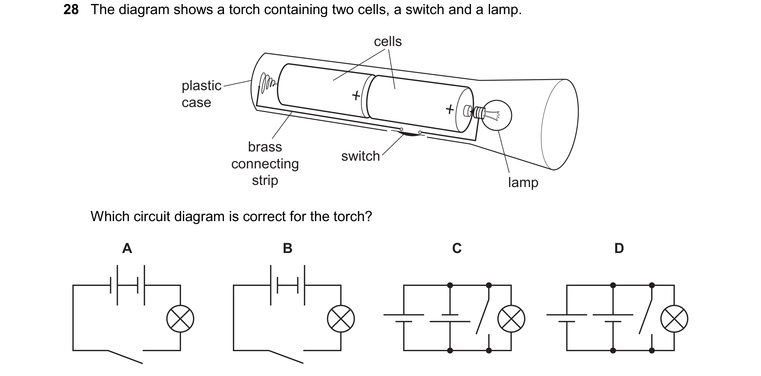 Question 459: The diagram shows a torch containing two cells, a switch and a lamp. cells plastic case brass switch connecting strip lamp Which circuit di…