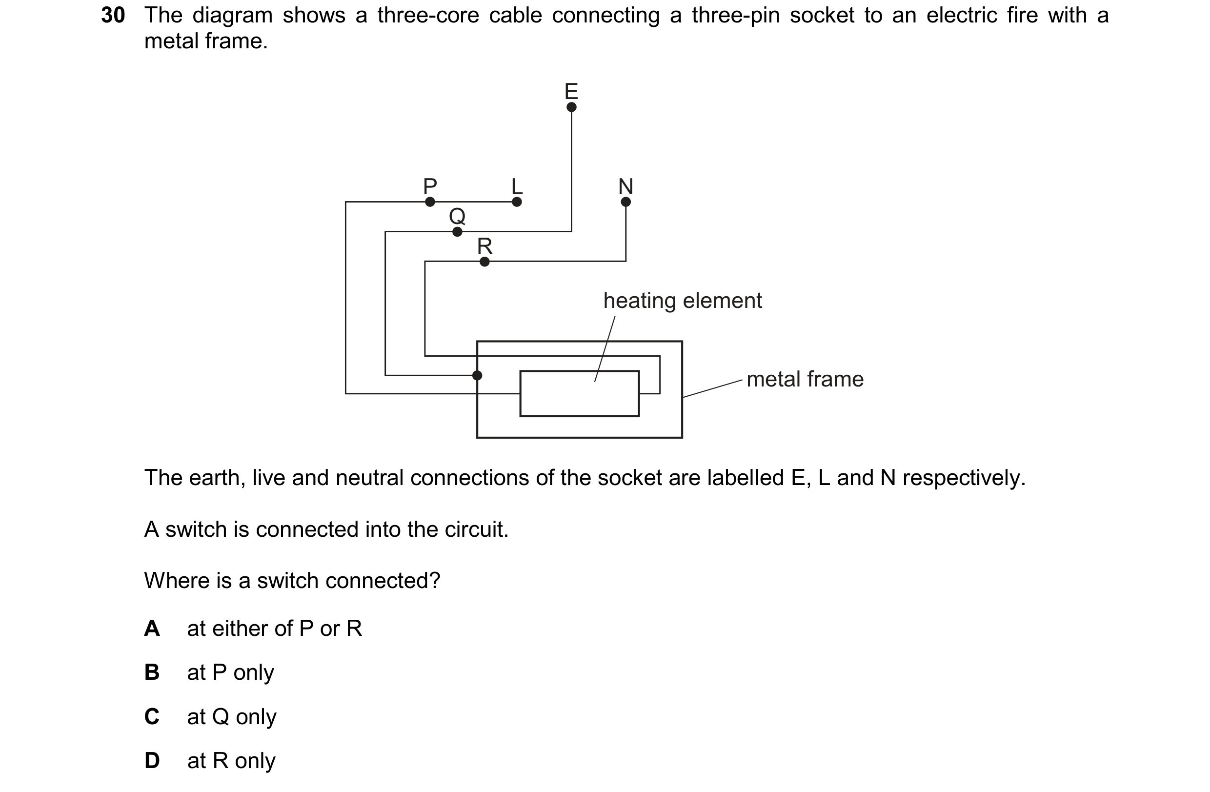 Question 127: The diagram shows a three-core cable connecting a three-pin socket to an electric fire with a metal frame. E P L N Q R heating element meta…