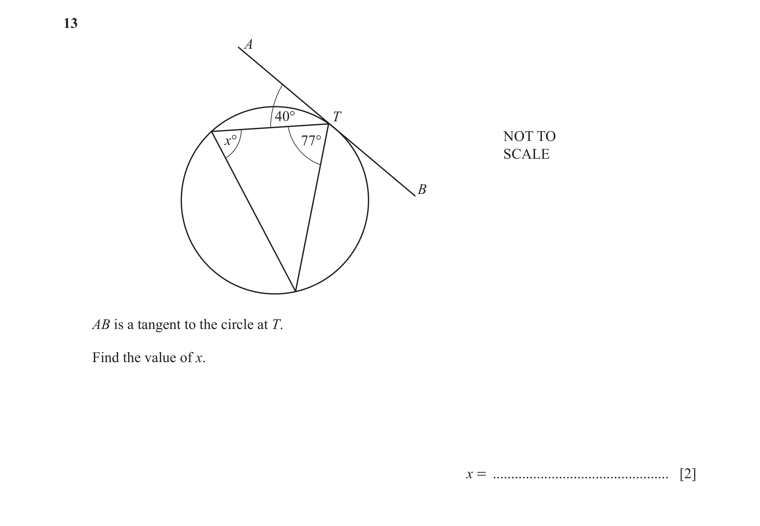 Question 16: A 40° T x° 77° NOT TO SCALE B AB is a tangent to the circle at T. Find the value of x. x = ................................................…