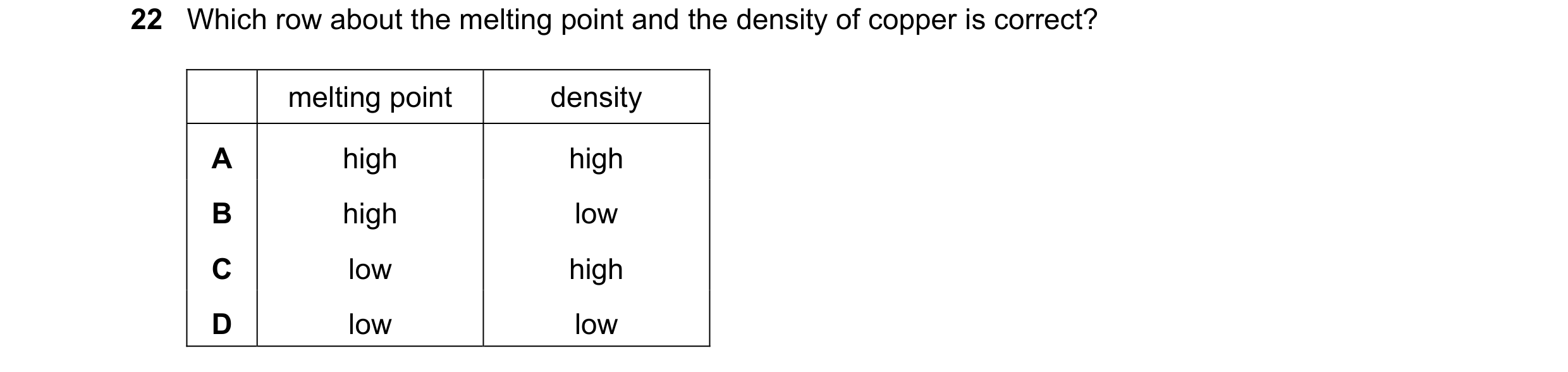 Question 19: Which row about the melting point and the density of copper is correct? melting point density A high high B high low C low high D low low