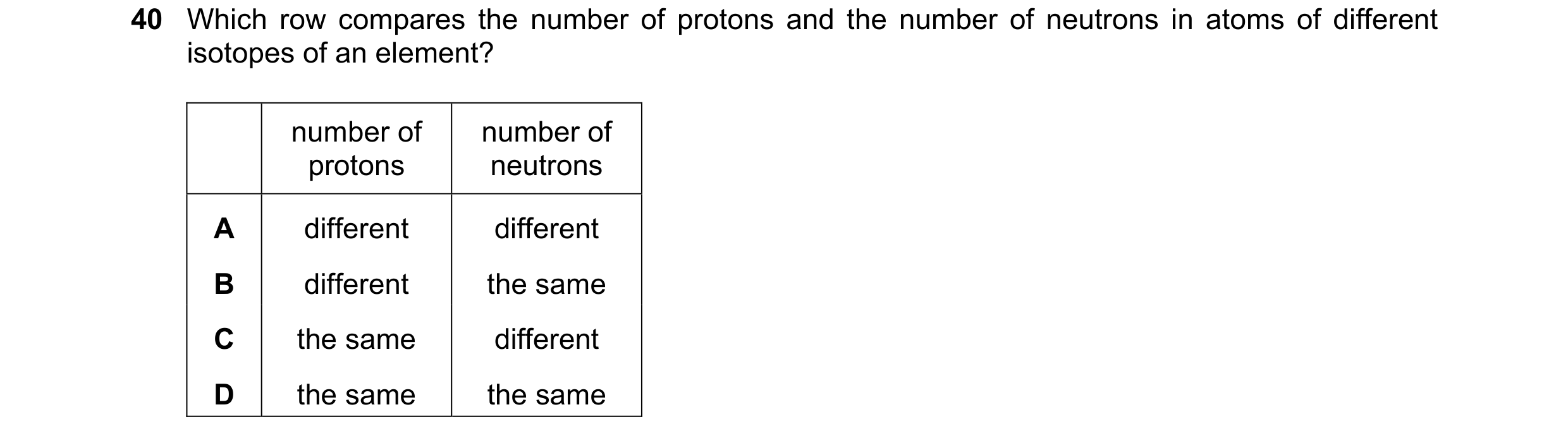 Question 20: Which row compares the number of protons and the number of neutrons in atoms of different isotopes of an element? number of number of proto…