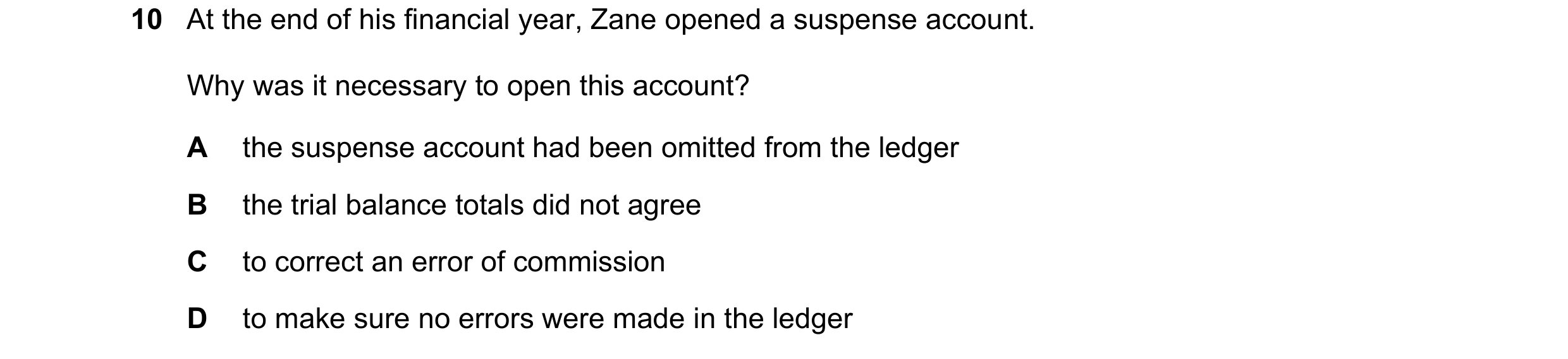 Question 75: At the end of his financial year, Zane opened a suspense account. Why was it necessary to open this account? A the suspense account had bee…