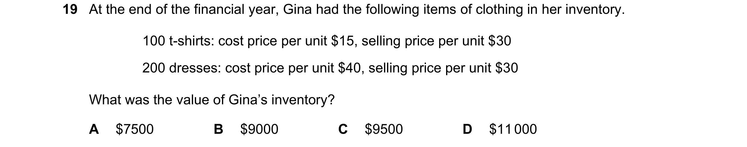 Question 32: At the end of the financial year, Gina had the following items of clothing in her inventory. 100 t-shirts: cost price per unit $15, selling…