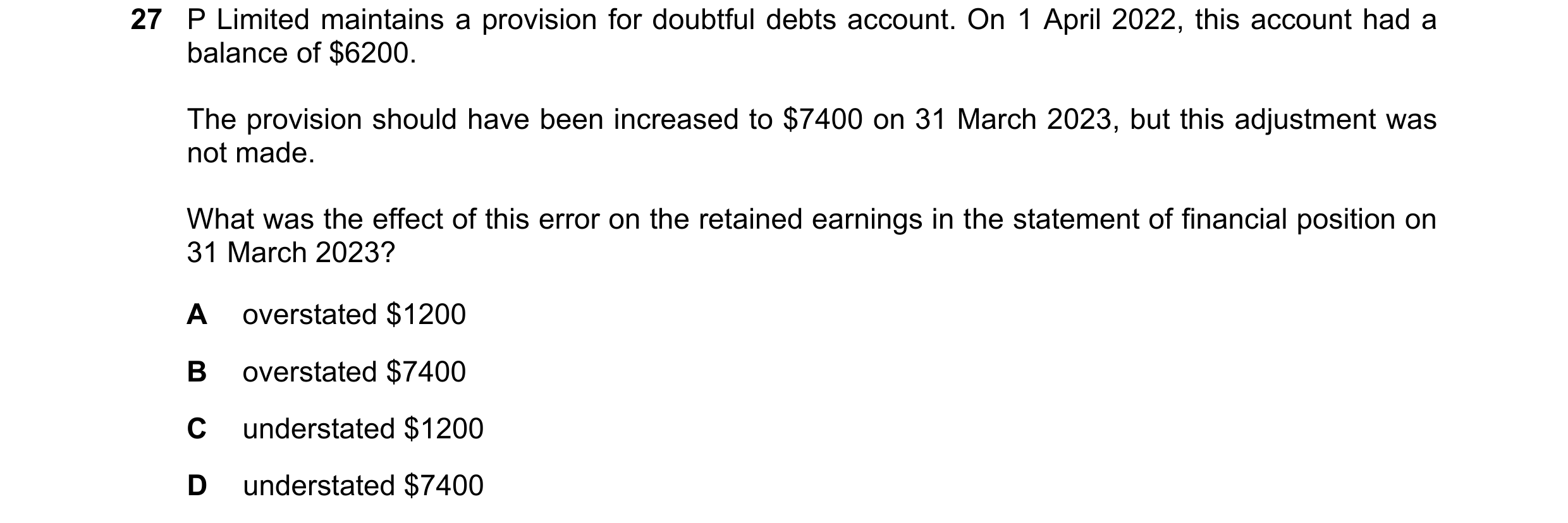 Question 79: P Limited maintains a provision for doubtful debts account. On 1 April 2022, this account had a balance of $6200. The provision should have…