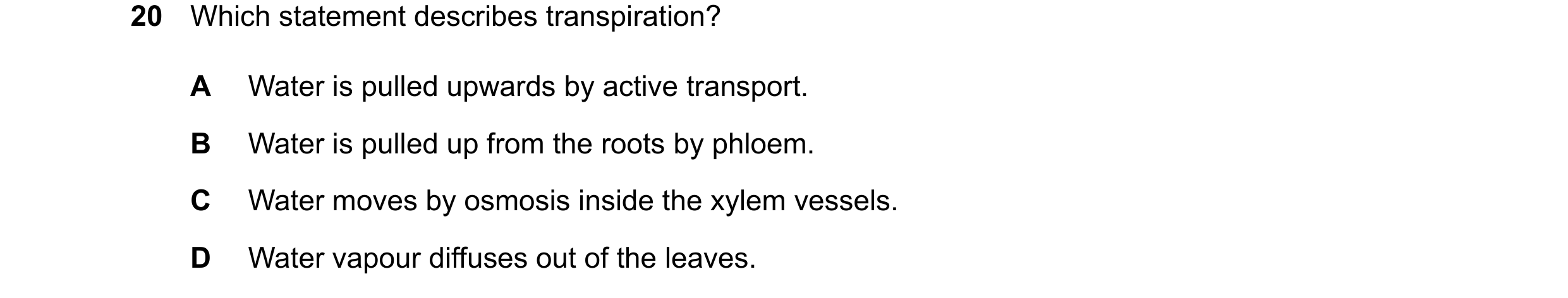 Question 18: Which statement describes transpiration? A Water is pulled upwards by active transport. B Water is pulled up from the roots by phloem. C Wa…