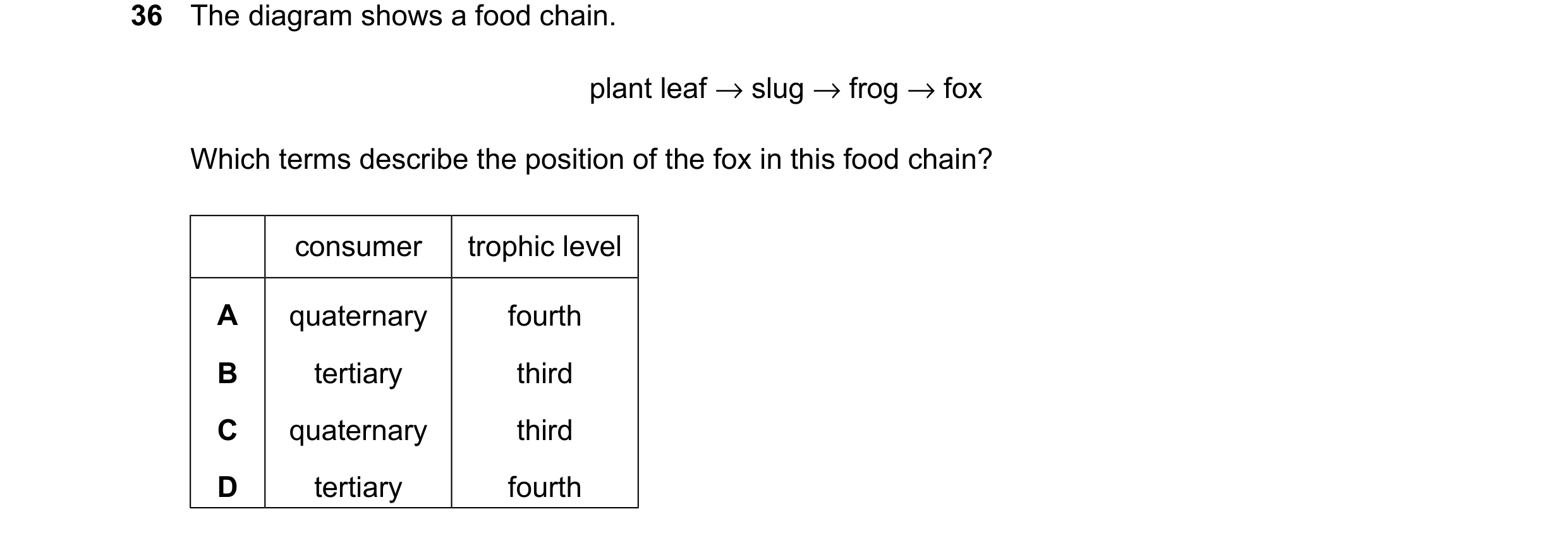 Question 25: The diagram shows a food chain. plant leaf →slug →frog →fox Which terms describe the position of the fox in this food chain? consumer troph…