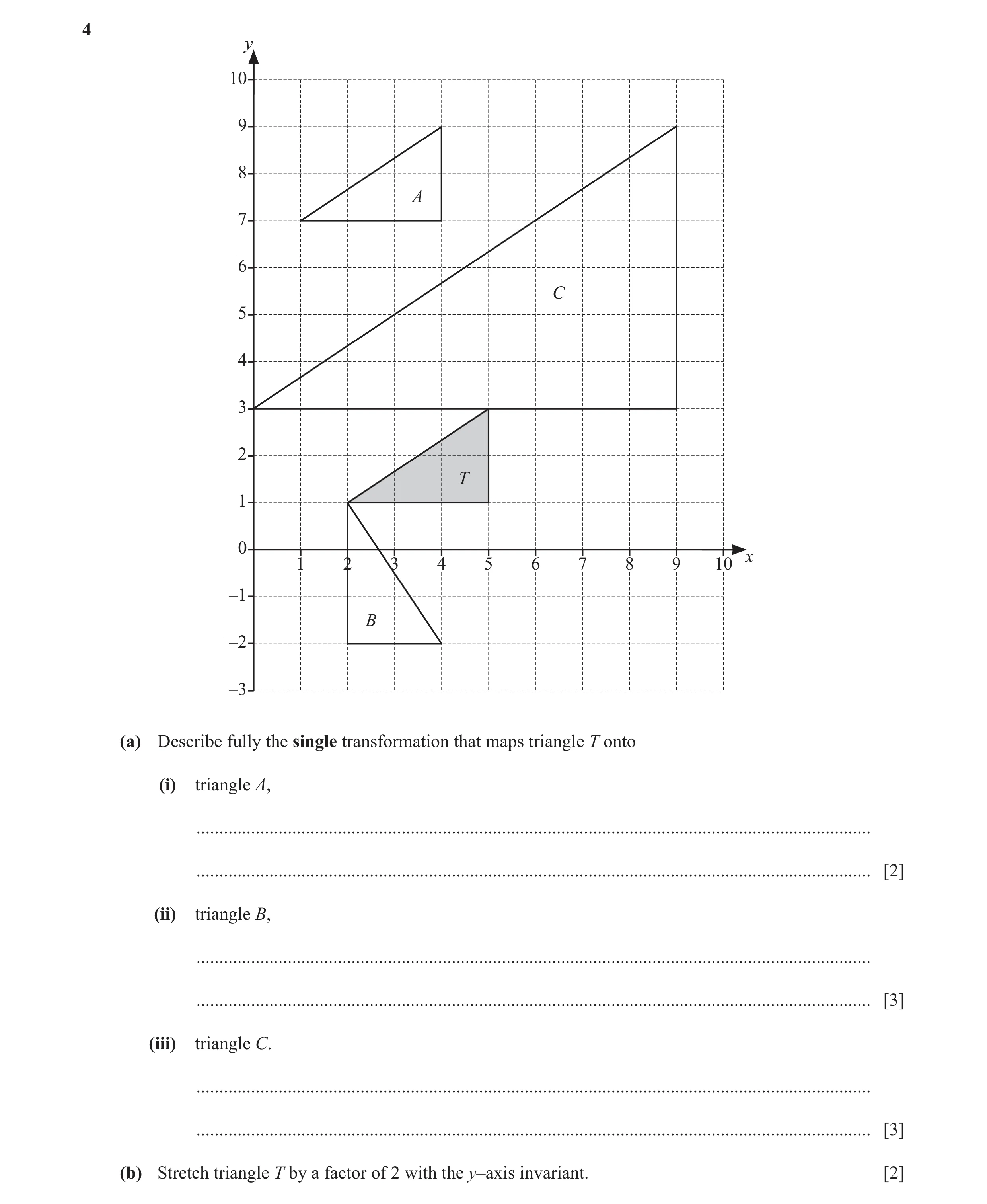 Question 14: y 10 9 8 A 7 6 C 5 4 3 2 T 1 0 x 1 2 3 4 5 6 7 8 9 10 –1 B –2 –3 (a) Describe fully the single transformation that maps triangle T onto (i)…