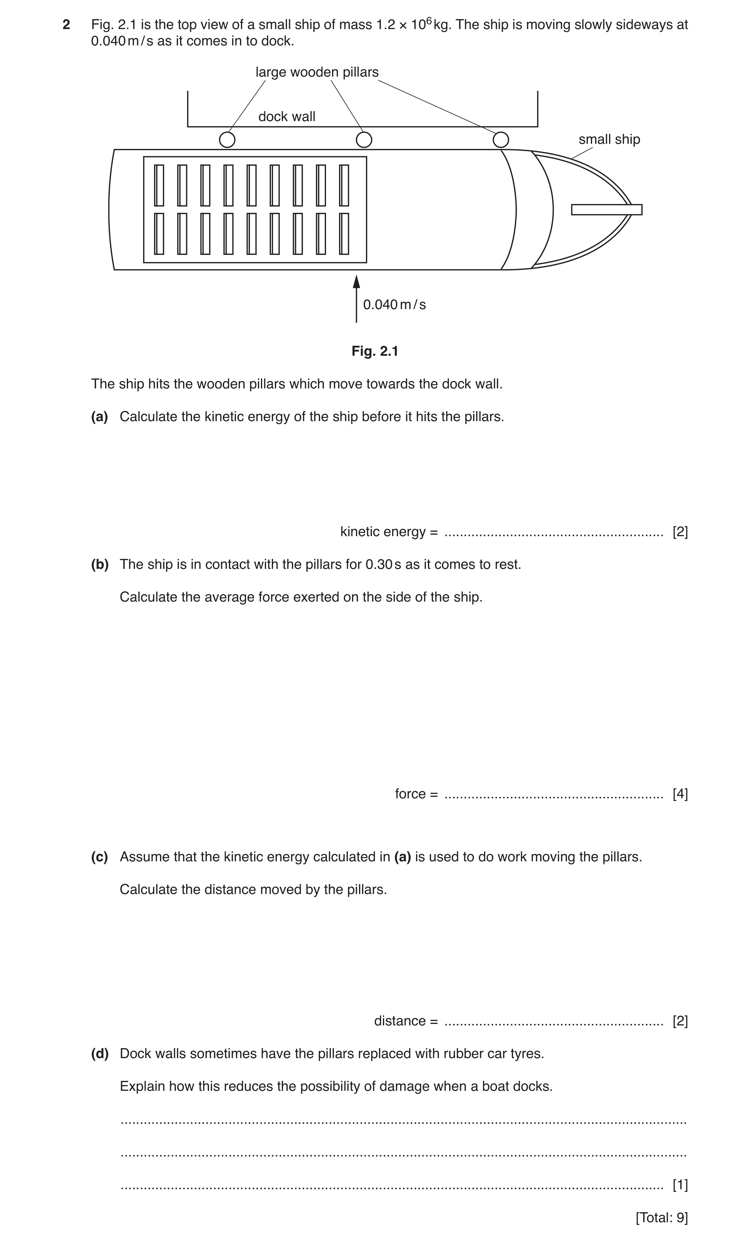 Question 9: Fig. 2.1 is the top view of a small ship of mass 1.2 × 106 kg. The ship is moving slowly sideways at 0.040 m / s as it comes in to dock. la…