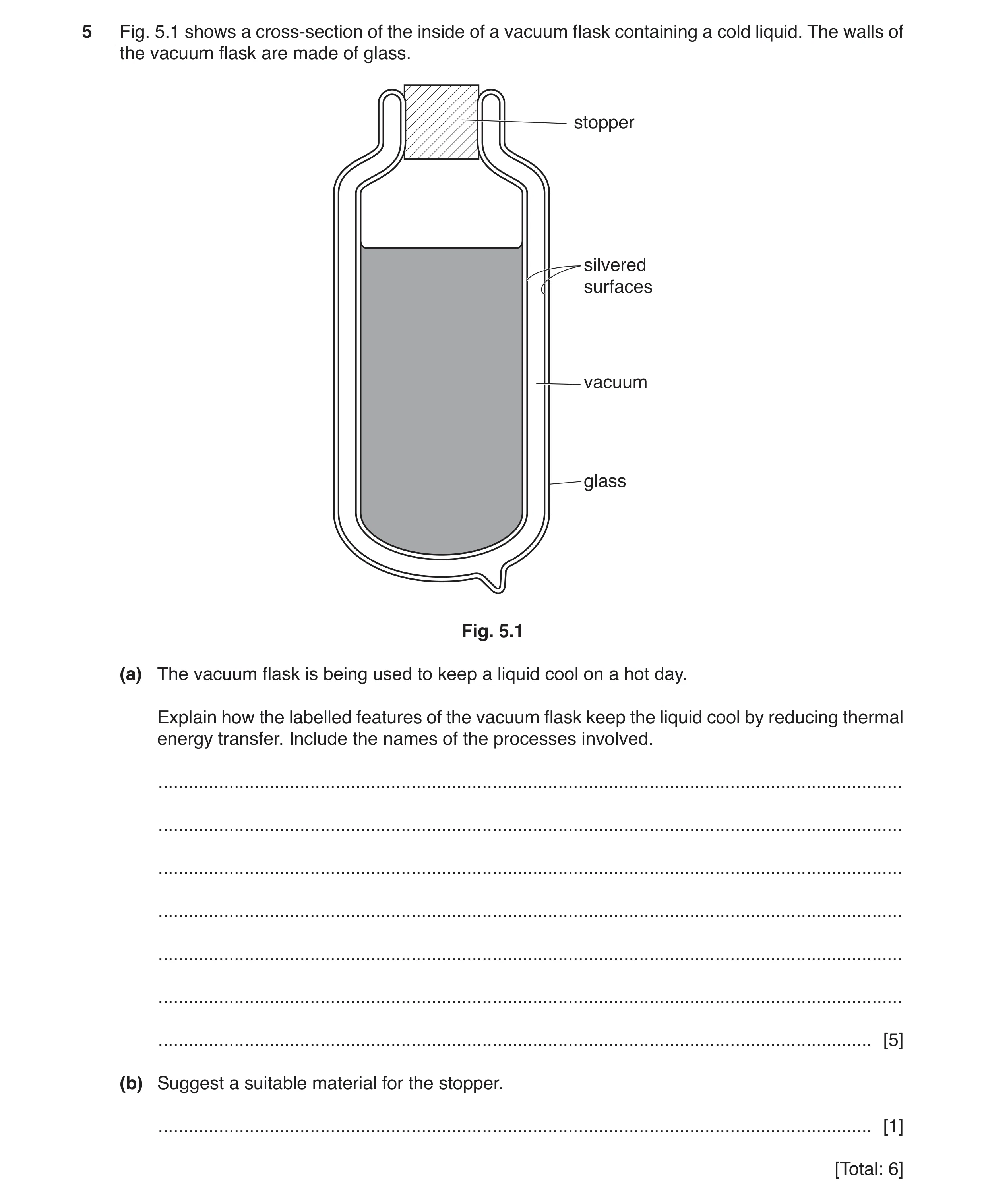 Question 11: Fig. 5.1 shows a cross‑section of the inside of a vacuum flask containing a cold liquid. The walls of the vacuum flask are made of glass. s…