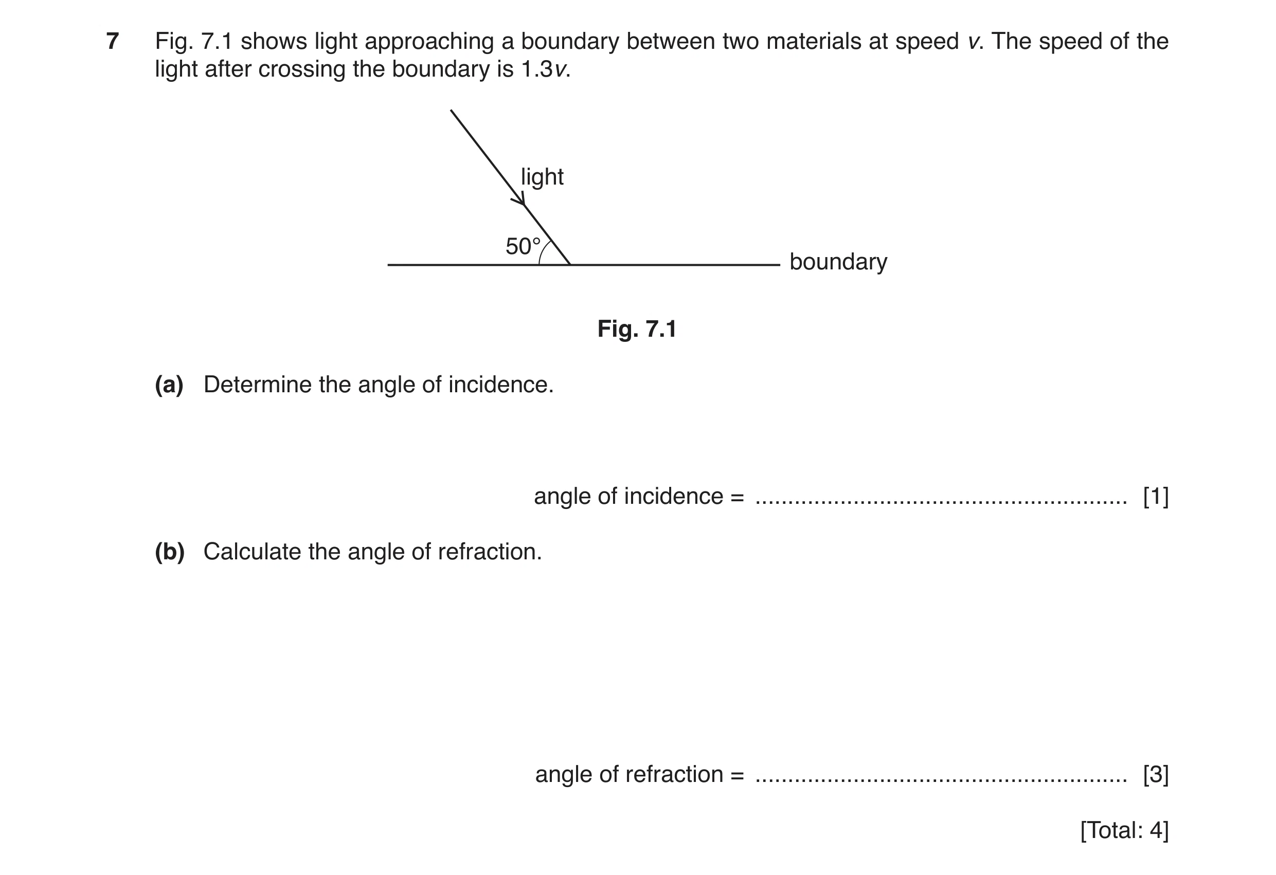 Question 18: Fig. 7.1 shows light approaching a boundary between two materials at speed v. The speed of the light after crossing the boundary is 1.3v. l…