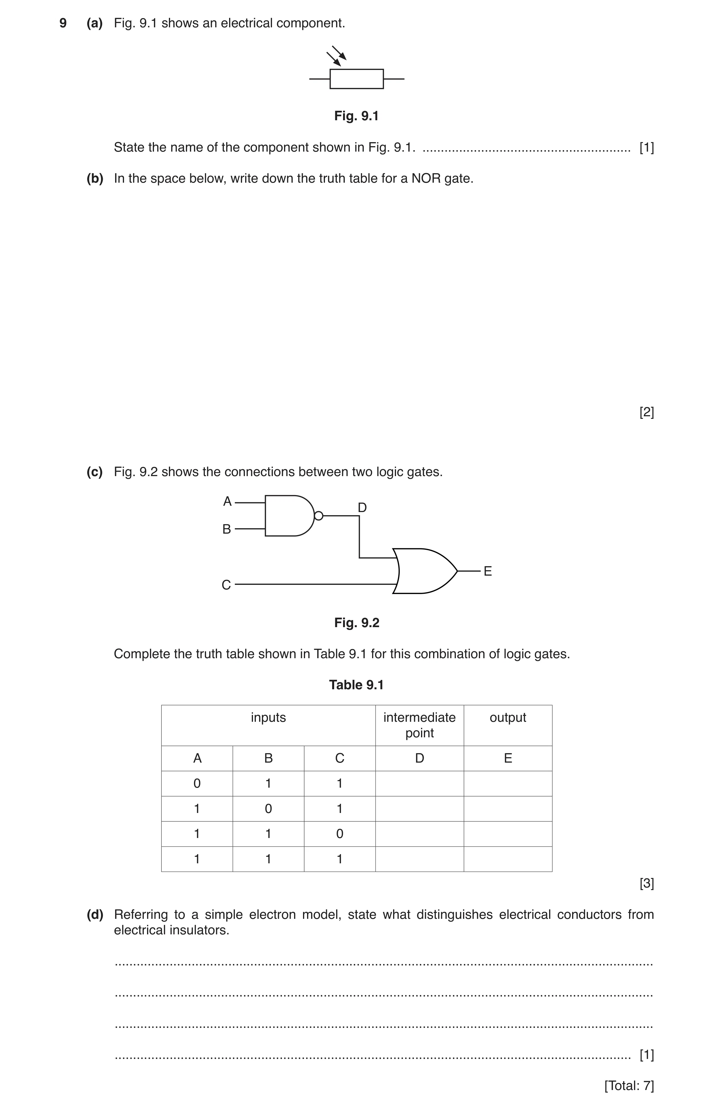 Question 17: (a) Fig. 9.1 shows an electrical component. Fig. 9.1 State the name of the component shown in Fig. 9.1. ...................................…