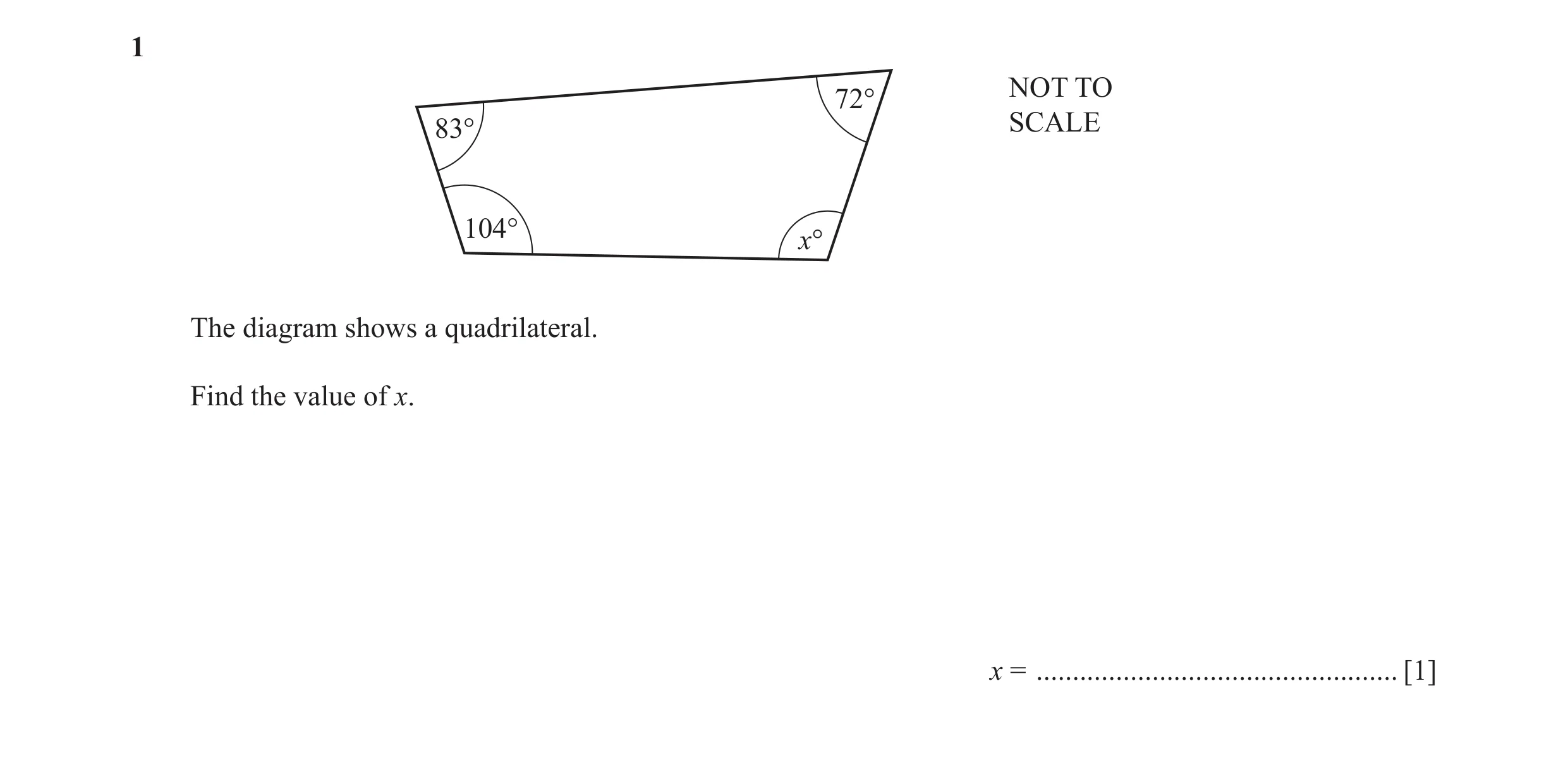 Question 67: NOT TO 72° 83° SCALE 104° x° The diagram shows a quadrilateral. Find the value of x. x = ..................................................…