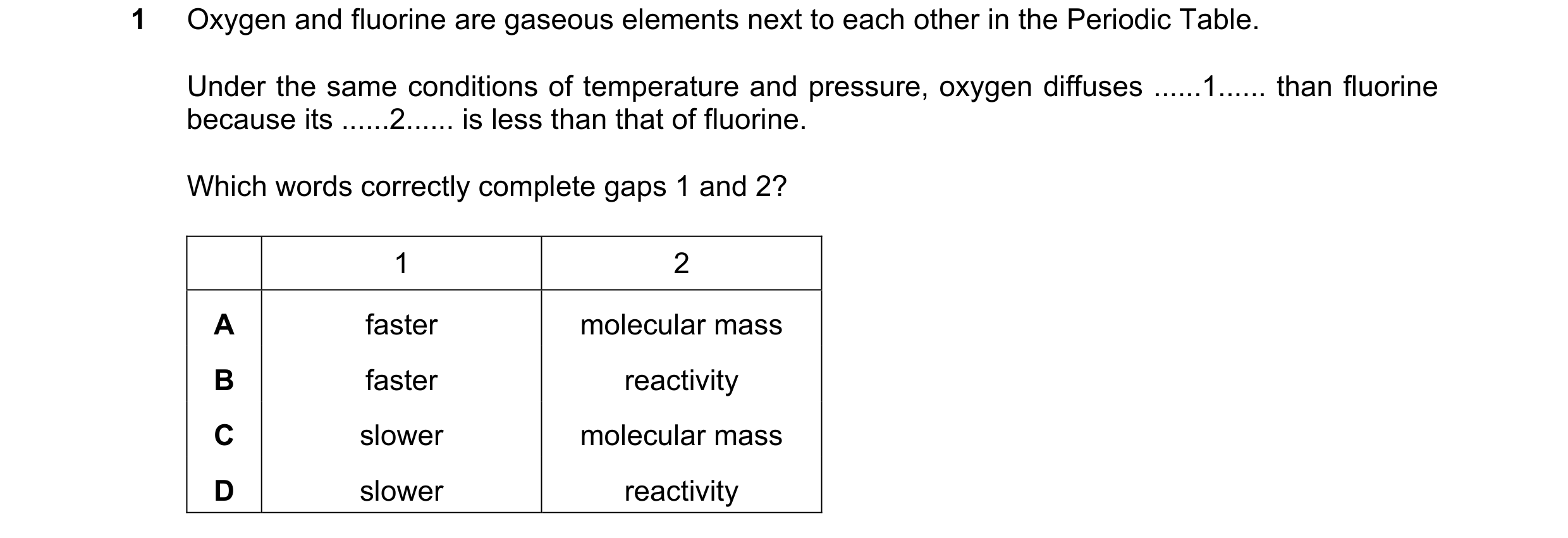Question 2: Oxygen and fluorine are gaseous elements next to each other in the Periodic Table. Under the same conditions of temperature and pressure, o…