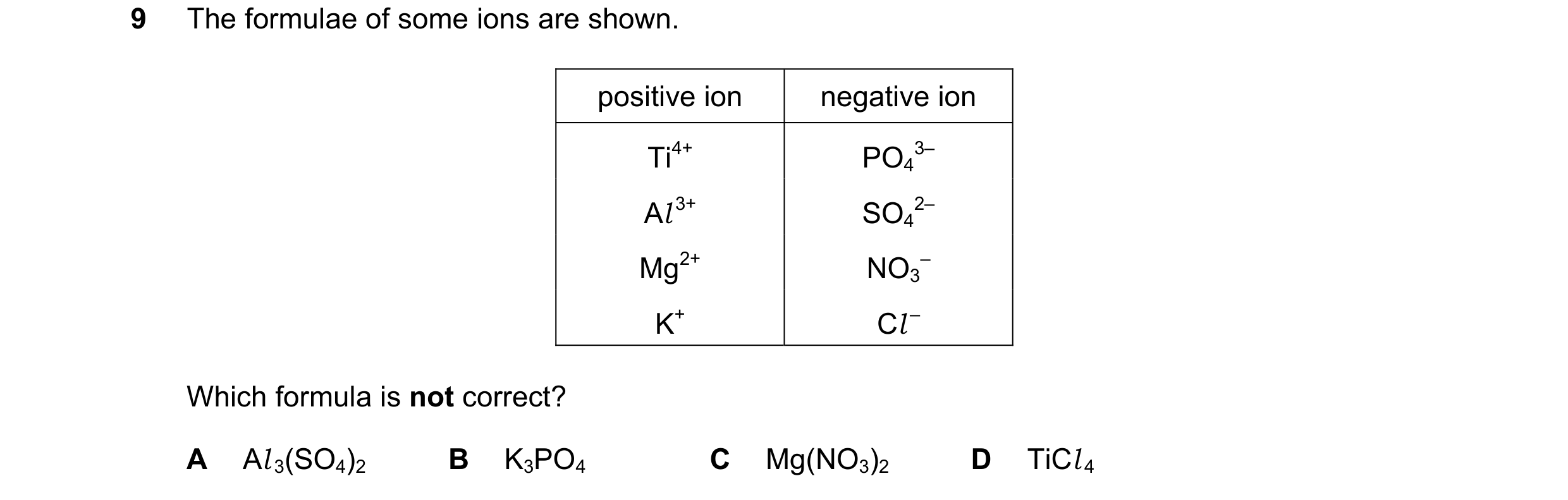 Question 1: The formulae of some ions are shown. positive ion negative ion Ti4+ PO4 3– Al 3+ SO4 2– Mg2+ NO3 – K+ Cl – Which formula is not correct? A …