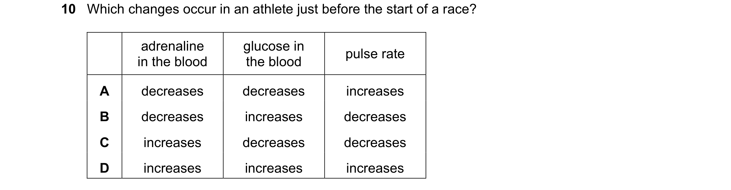 Question 72: Which changes occur in an athlete just before the start of a race? adrenaline glucose in pulse rate in the blood the blood A decreases decr…