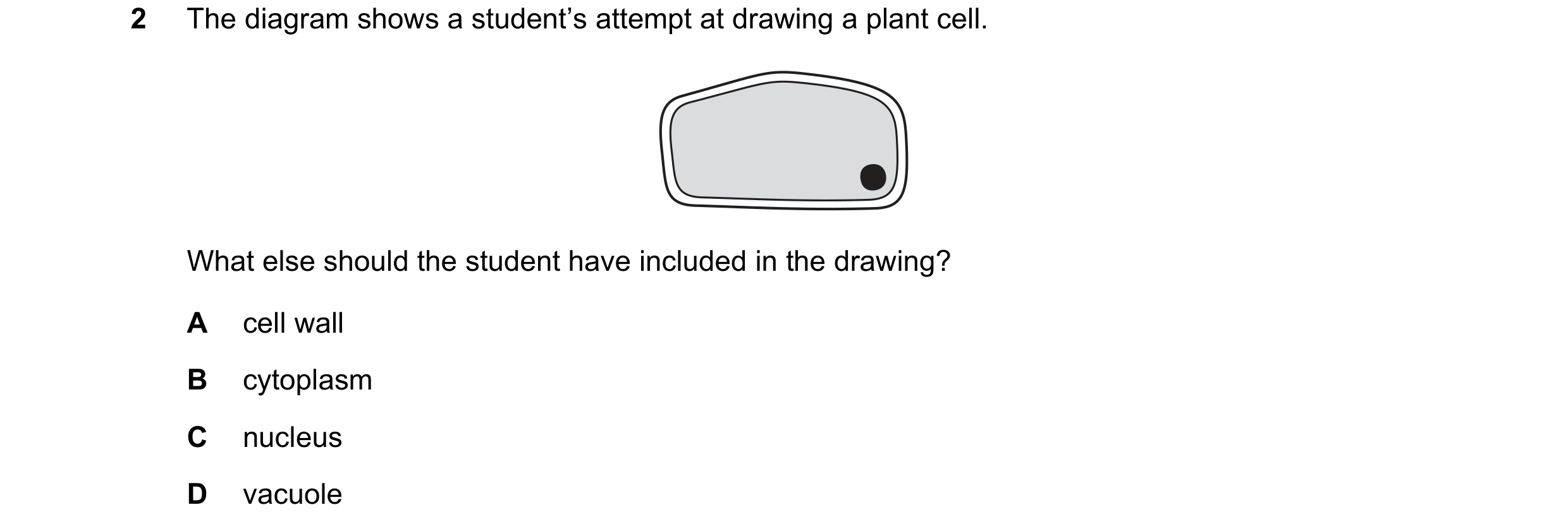 Question 77: The diagram shows a student’s attempt at drawing a plant cell. What else should the student have included in the drawing? A cell wall B cyt…