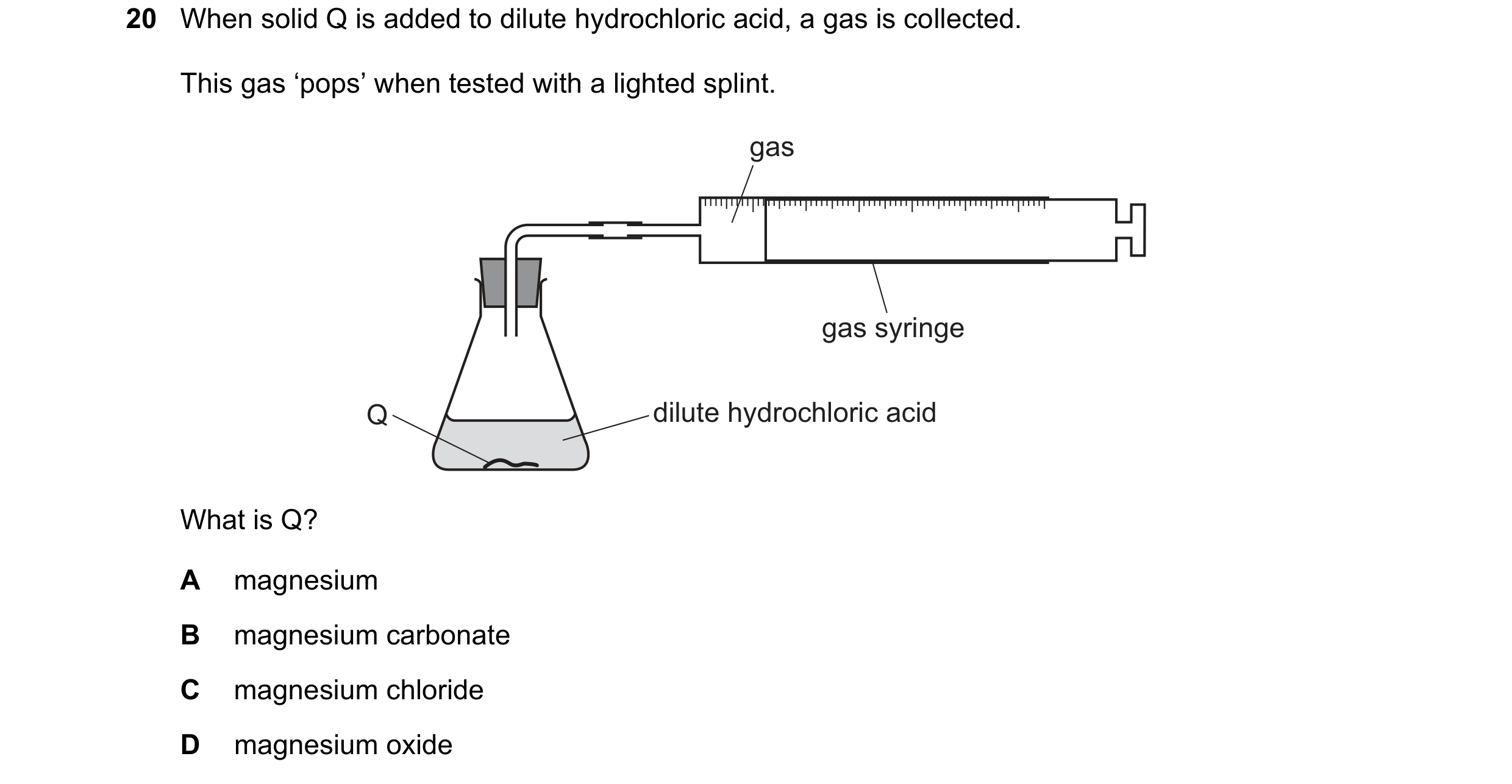 Question 94: When solid Q is added to dilute hydrochloric acid, a gas is collected. This gas ‘pops’ when tested with a lighted splint. gas gas syringe Q…