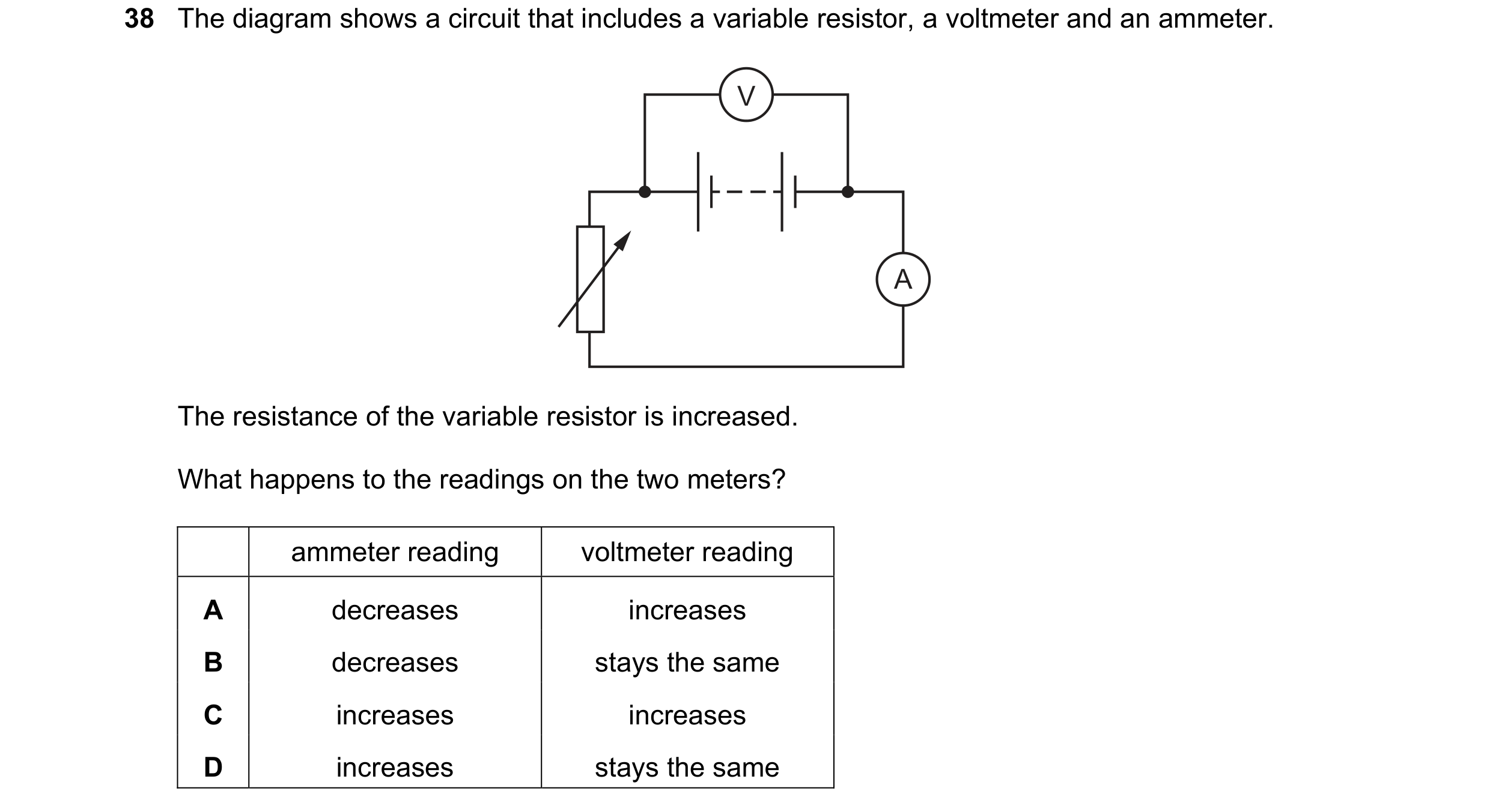 Question 178: The diagram shows a circuit that includes a variable resistor, a voltmeter and an ammeter. V A The resistance of the variable resistor is i…