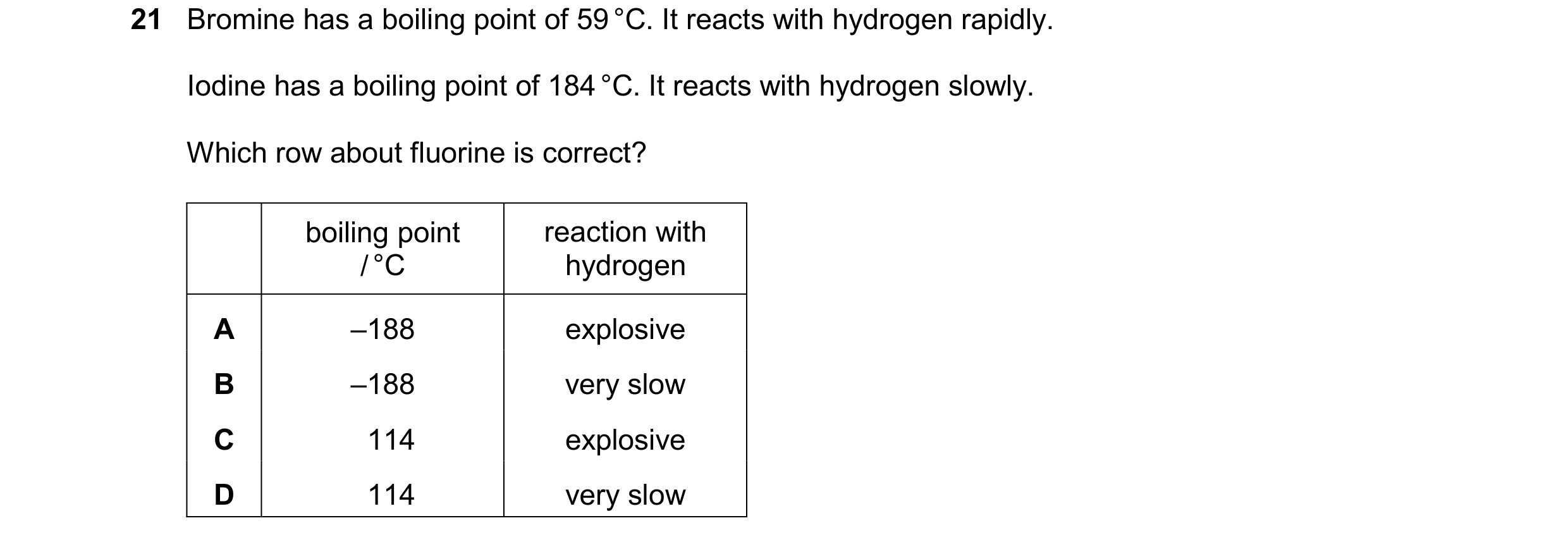 Question 17: Bromine has a boiling point of 59 °C. It reacts with hydrogen rapidly. Iodine has a boiling point of 184 °C. It reacts with hydrogen slowly…