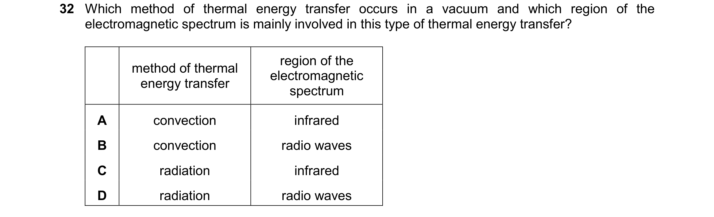 Question 36: Which method of thermal energy transfer occurs in a vacuum and which region of the electromagnetic spectrum is mainly involved in this type…