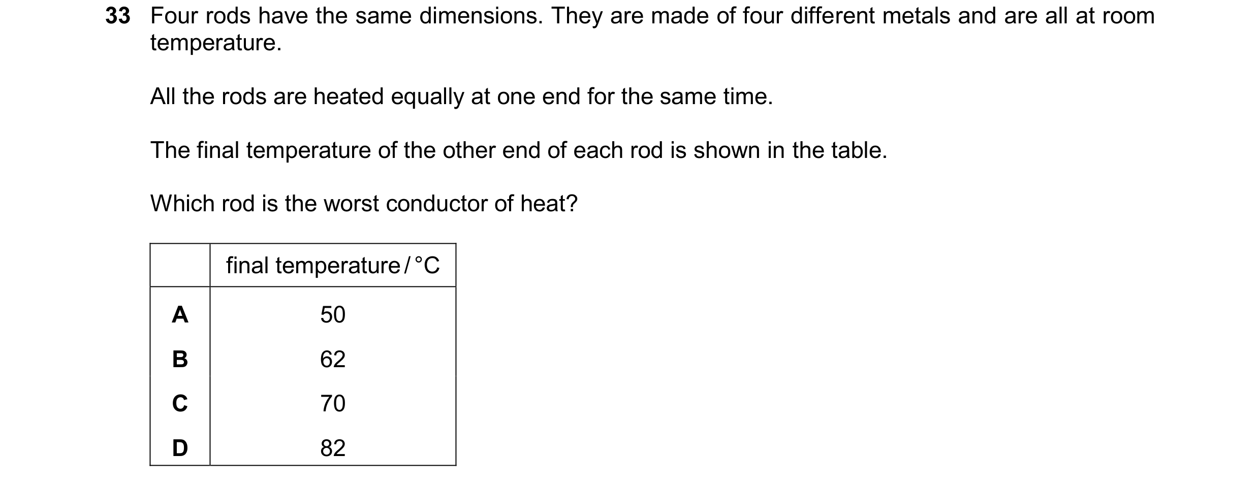 Question 37: Four rods have the same dimensions. They are made of four different metals and are all at room temperature. All the rods are heated equally…