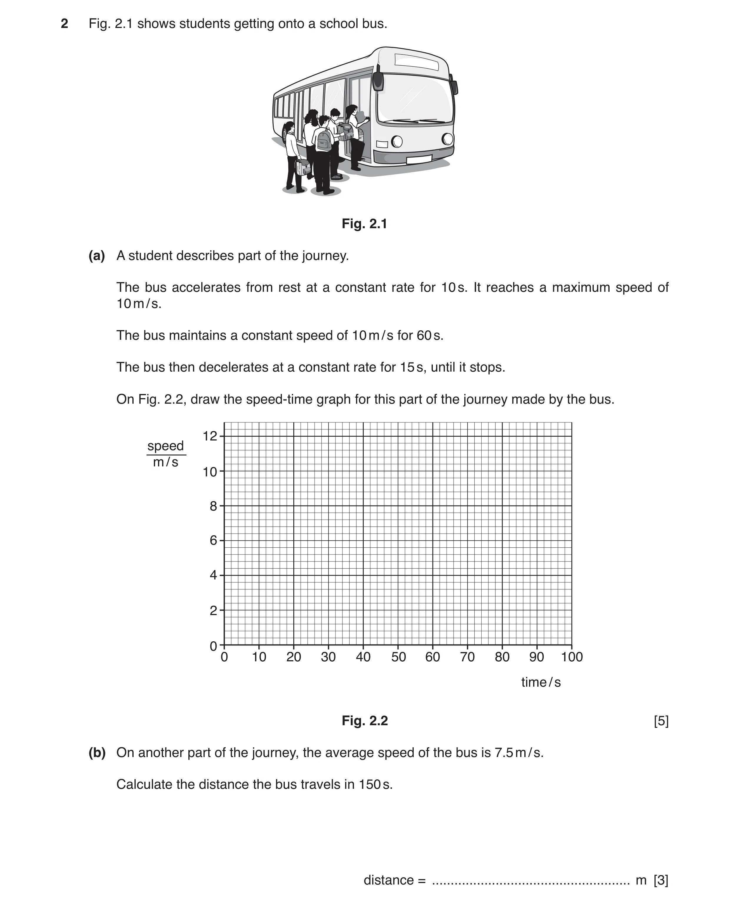 Question 17: Fig. 2.1 shows students getting onto a school bus. Fig. 2.1 (a) A student describes part of the journey. The bus accelerates from rest at a…