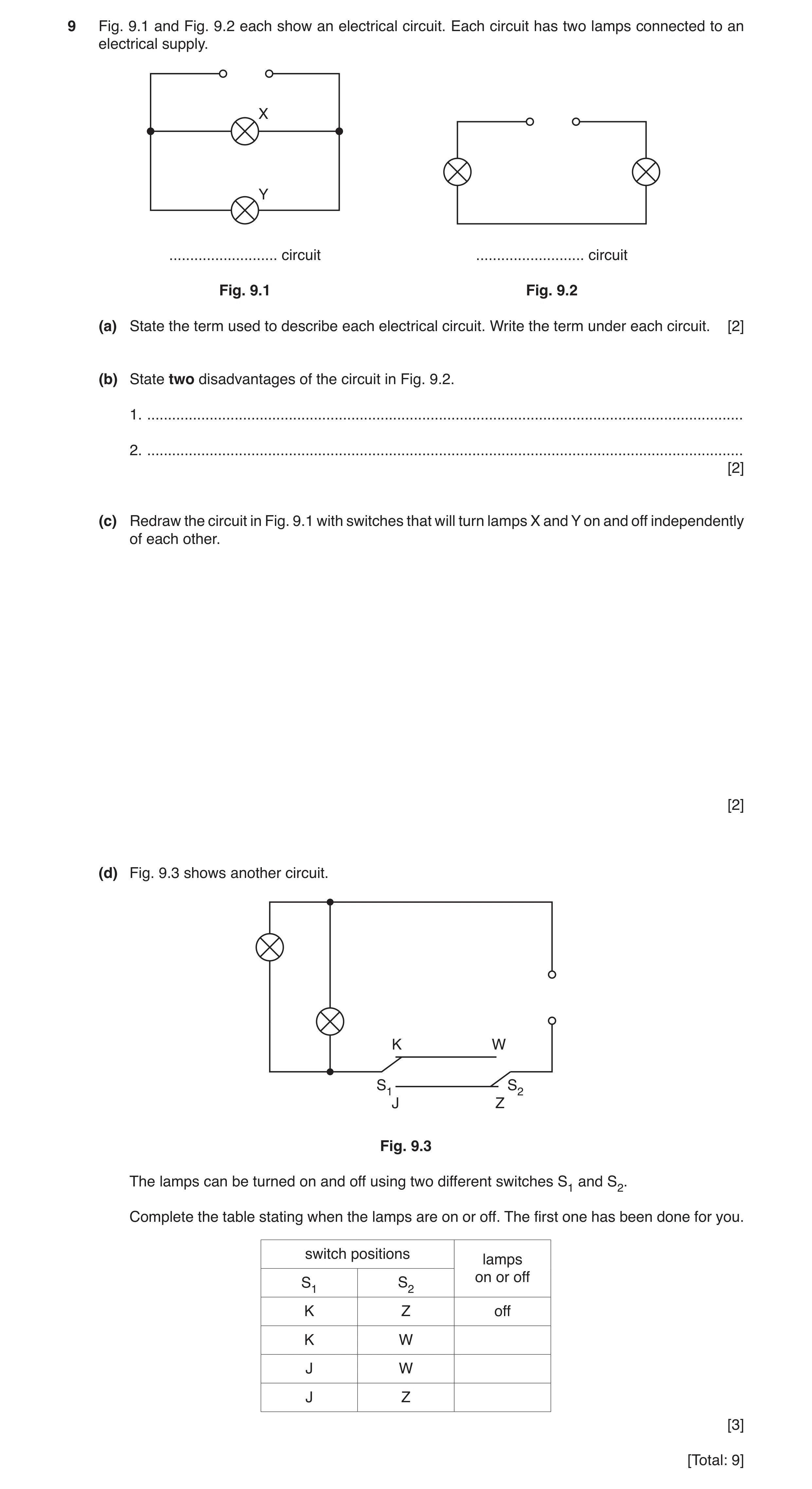 Question 15: Fig. 9.1 and Fig. 9.2 each show an electrical circuit. Each circuit has two lamps connected to an electrical supply. X Y ..................…