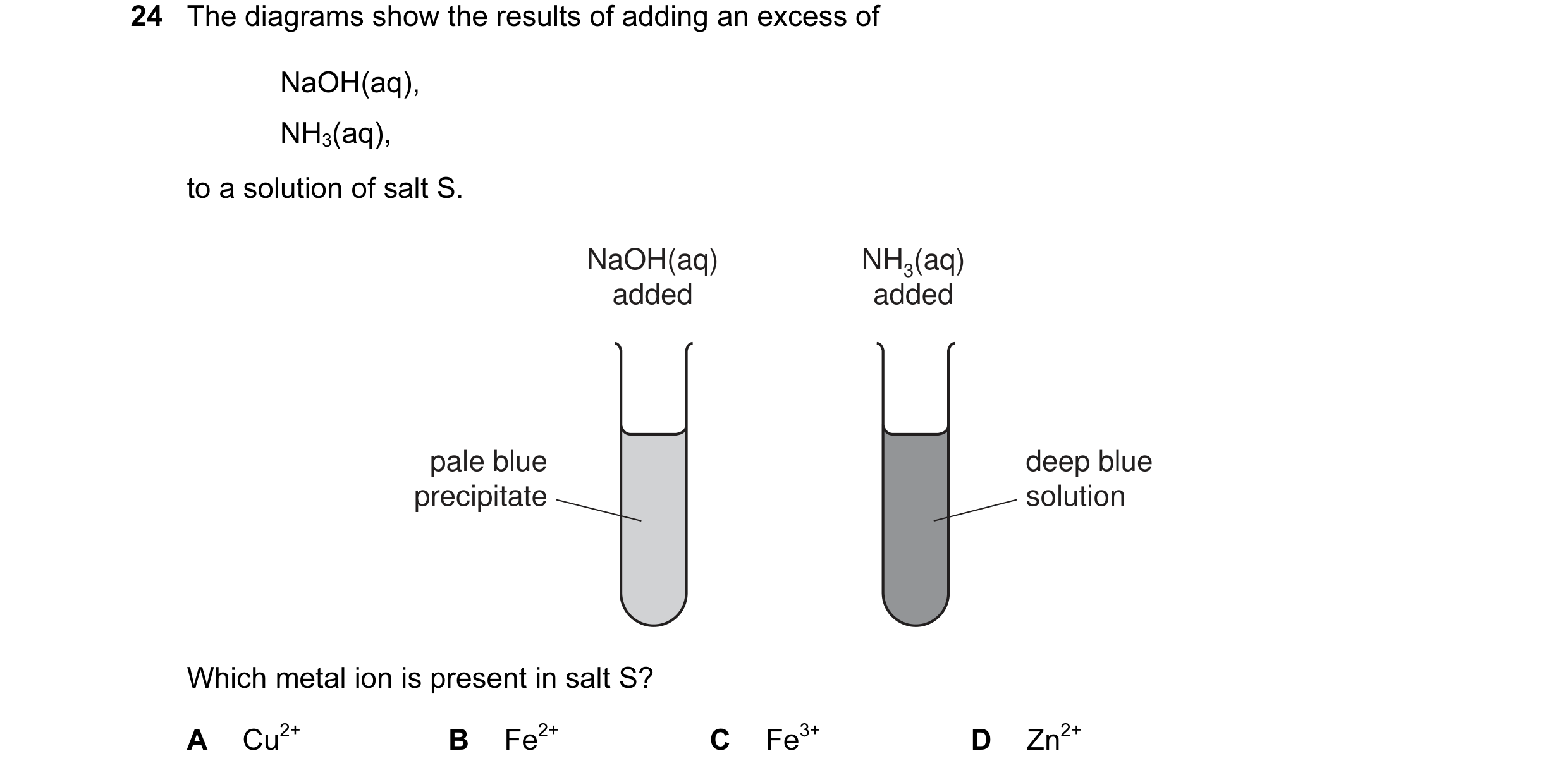 Question 3: The diagrams show the results of adding an excess of NaOH(aq), NH3(aq), to a solution of salt S. NaOH(aq) NH3(aq) added added pale blue dee…