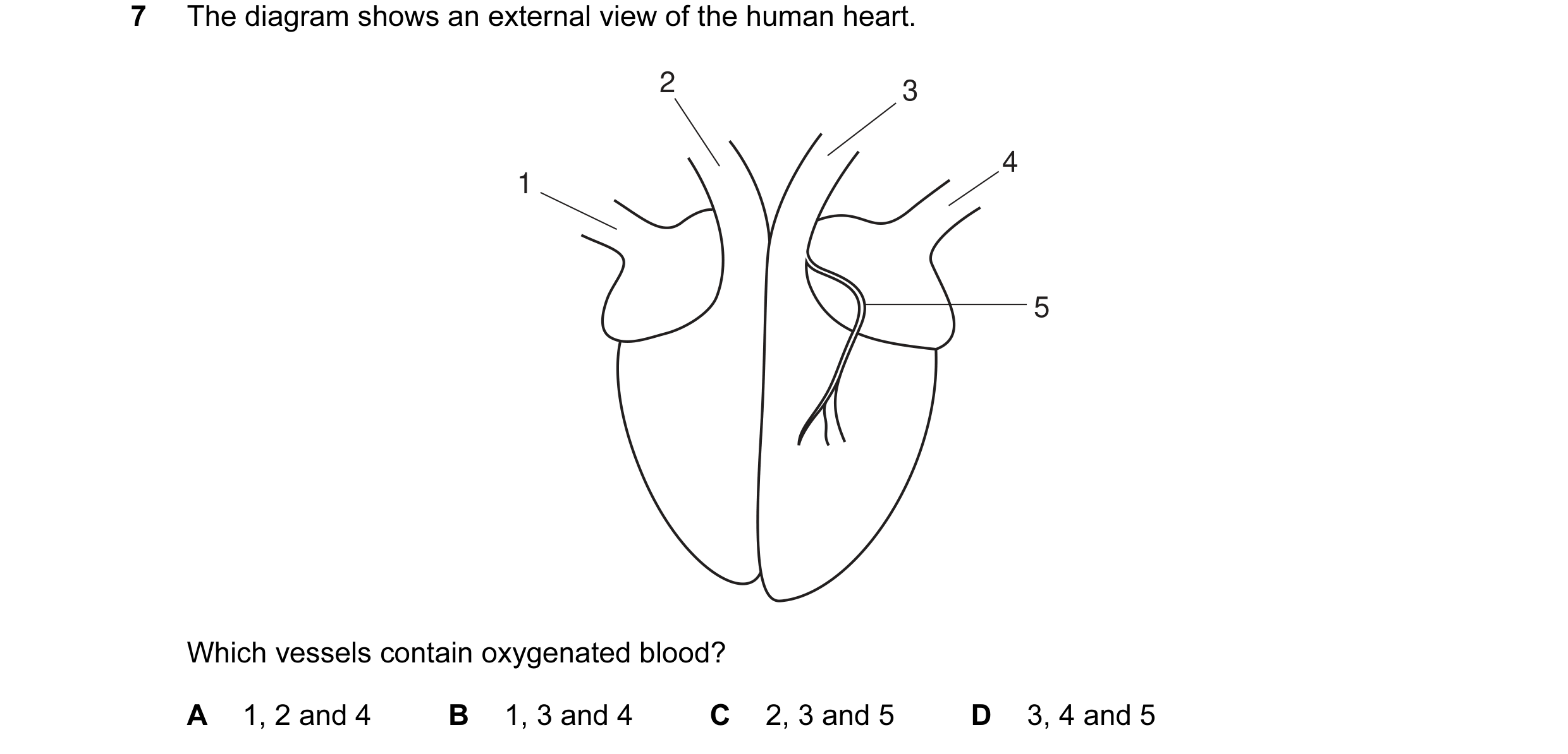 Question 4: The diagram shows an external view of the human heart. 2 3 4 1 5 Which vessels contain oxygenated blood? A 1, 2 and 4 B 1, 3 and 4 C 2, 3 a…