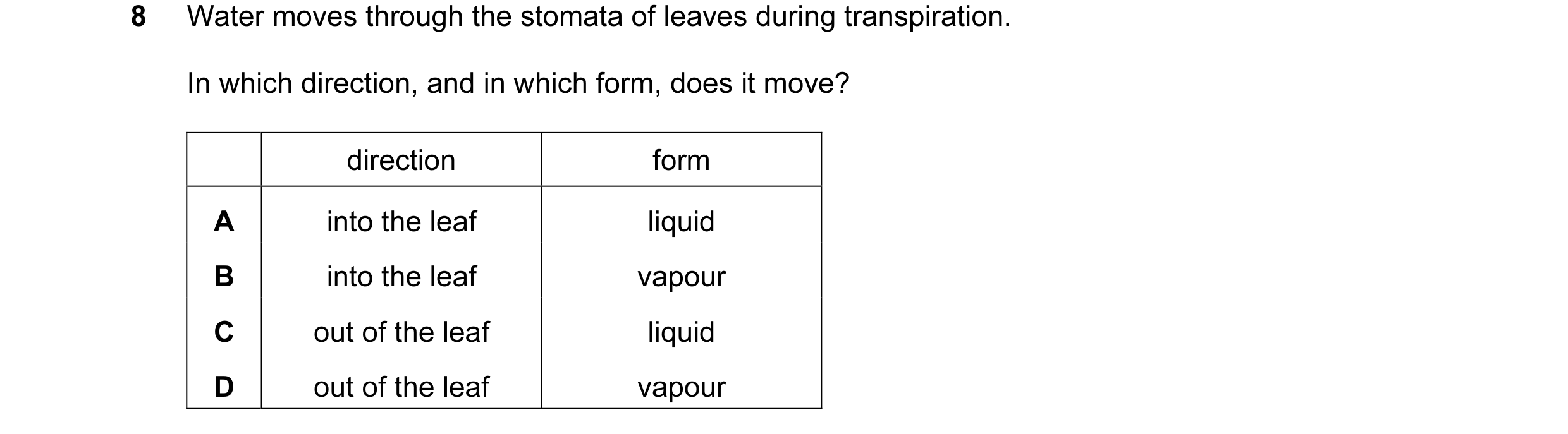 Question 2: Water moves through the stomata of leaves during transpiration. In which direction, and in which form, does it move? direction form A into …