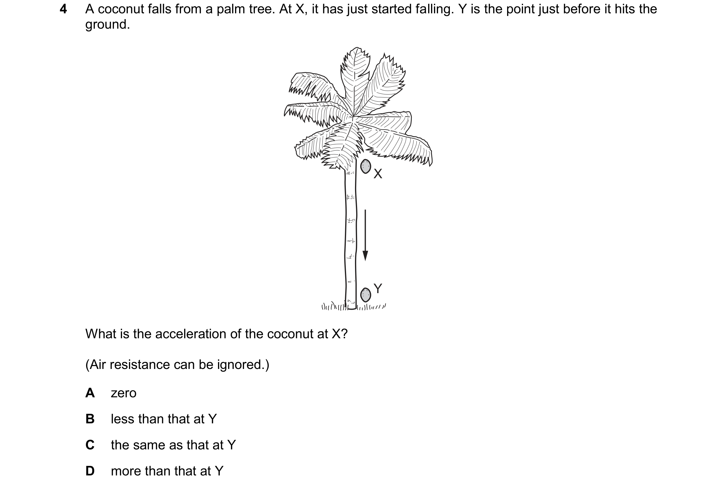 Question 29: A coconut falls from a palm tree. At X, it has just started falling. Y is the point just before it hits the ground. X Y What is the acceler…