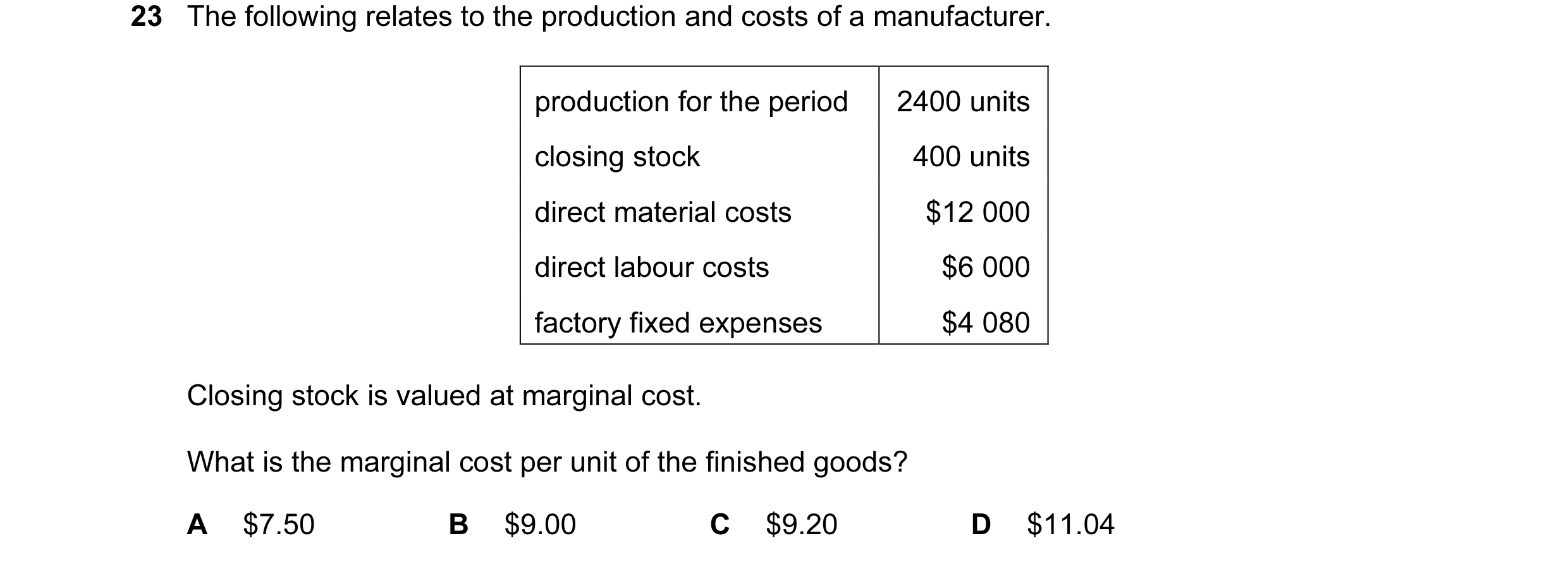 Question 65: The following relates to the production and costs of a manufacturer. production for the period 2400 units closing stock 400 units direct ma…