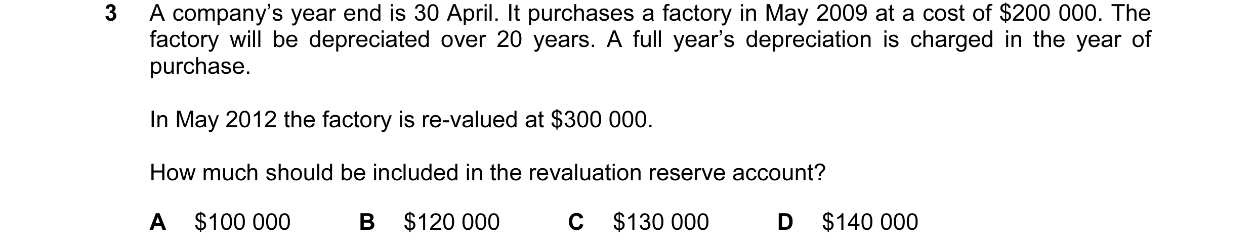 Question 7: A company’s year end is 30 April. It purchases a factory in May 2009 at a cost of $200 000. The factory will be depreciated over 20 years. …