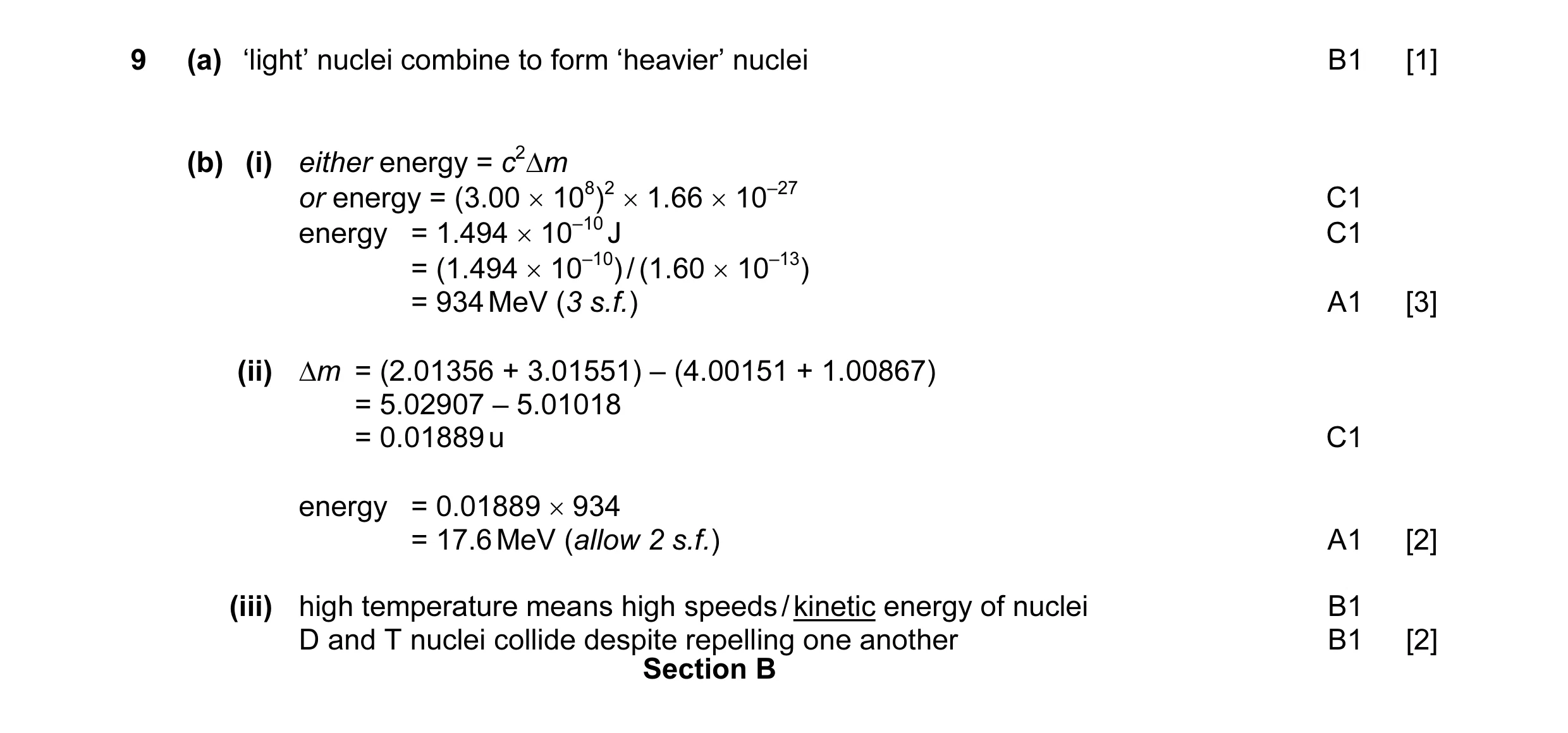 Mark scheme for question 9