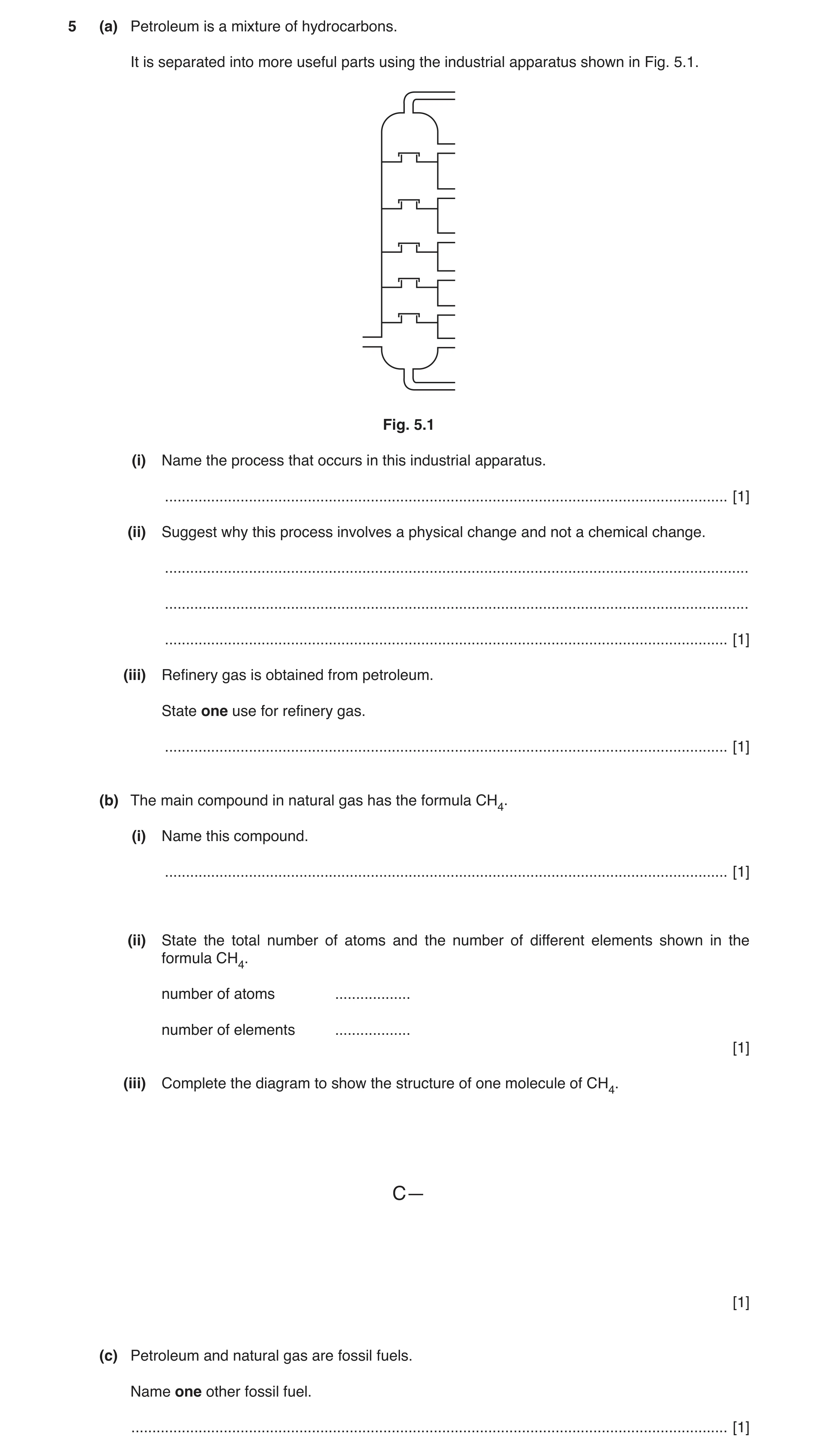 Question 4: (a) Petroleum is a mixture of hydrocarbons. It is separated into more useful parts using the industrial apparatus shown in Fig. 5.1. Fig. 5…
