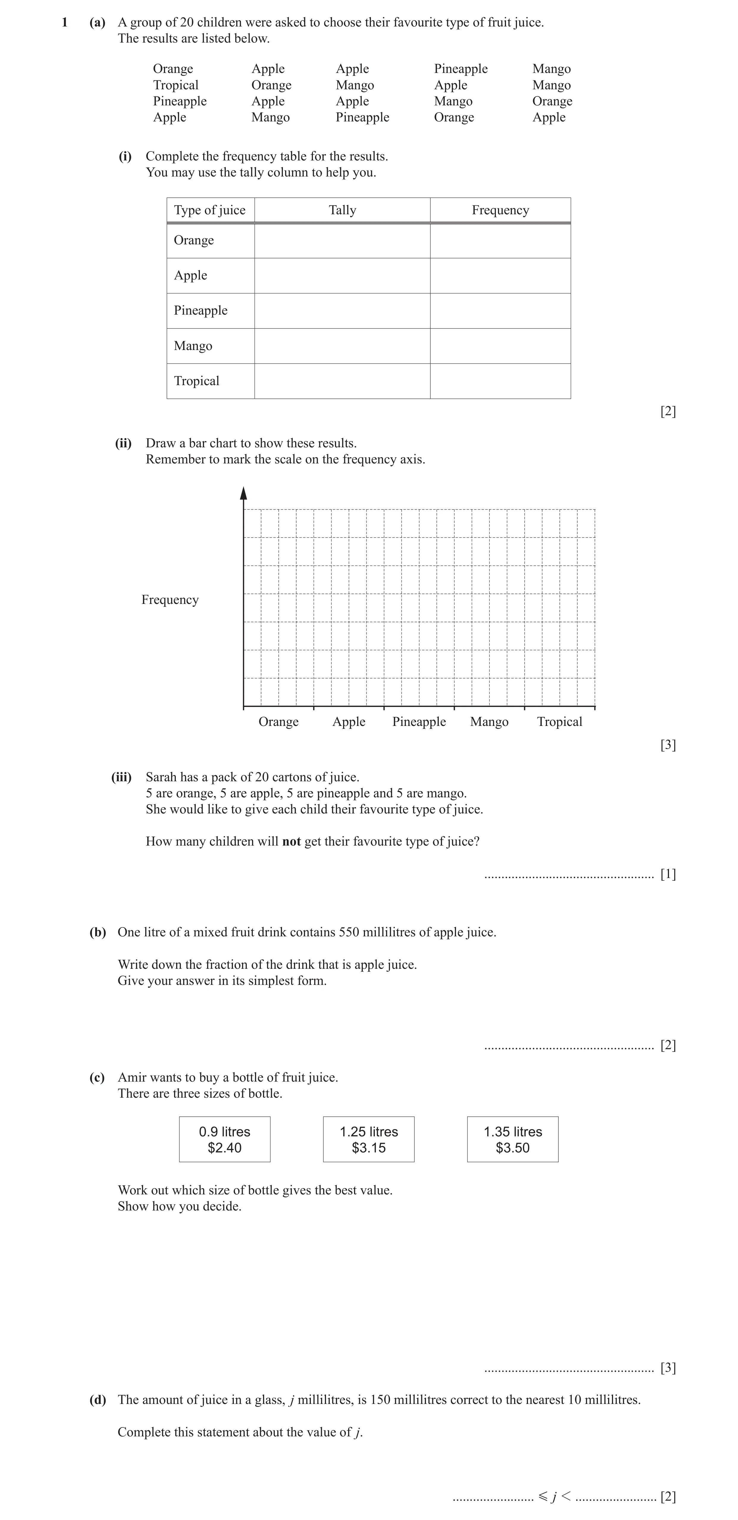 Question 17: (a) A group of 20 children were asked to choose their favourite type of fruit juice. The results are listed below. Orange Apple Apple Pinea…