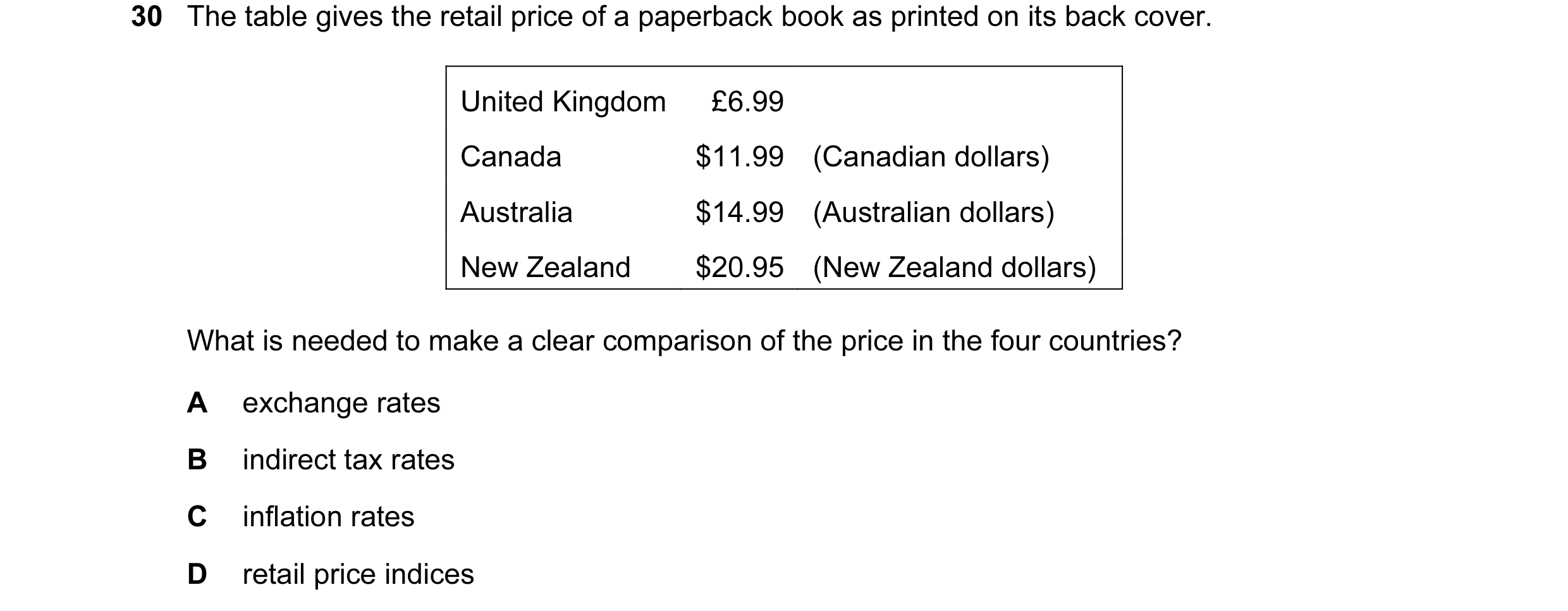 Question 11: The table gives the retail price of a paperback book as printed on its back cover. United Kingdom £6.99 Canada $11.99 (Canadian dollars) Au…