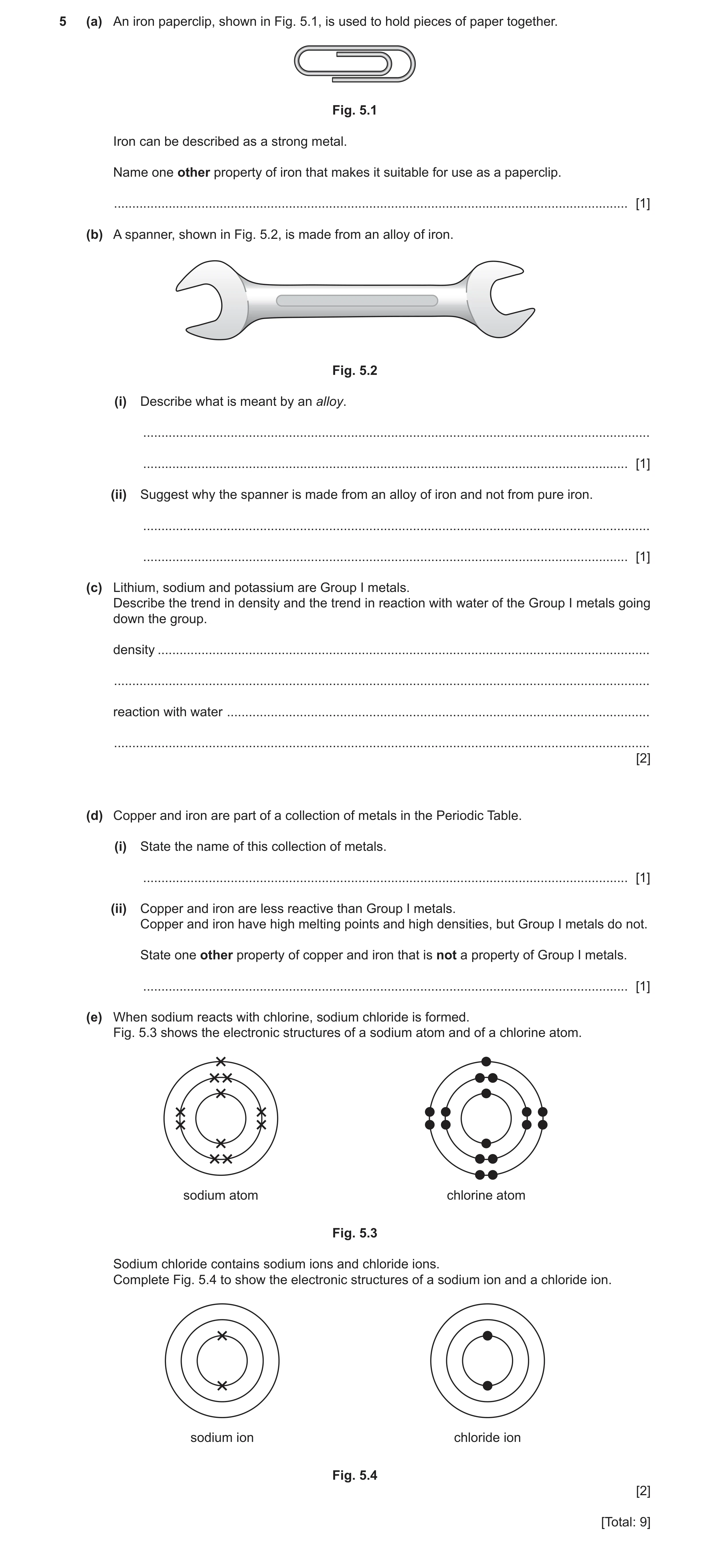 Question 5: (a) An iron paperclip, shown in Fig. 5.1, is used to hold pieces of paper together. Fig. 5.1 Iron can be described as a strong metal. Name …