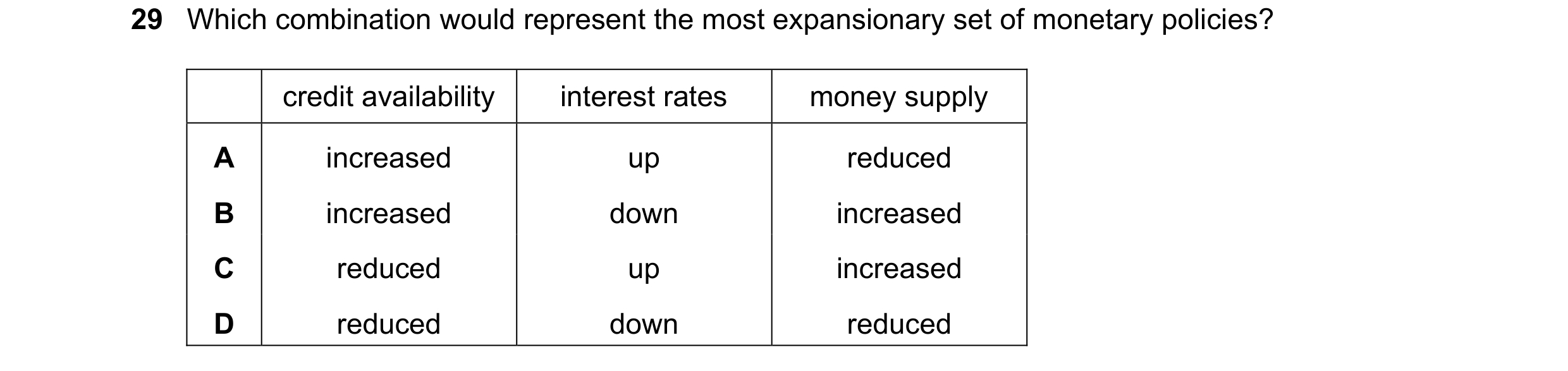 Question 82: Which combination would represent the most expansionary set of monetary policies? credit availability interest rates money supply A increas…