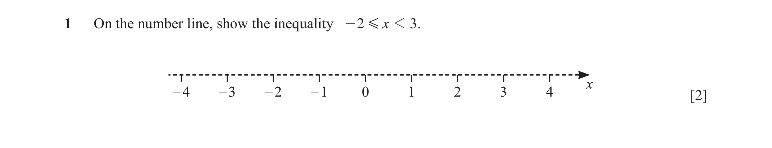 Question 16: On the number line, show the inequality - 2 G x 1 3 . x – 4 – 3 – 2 – 1 0 1 2 3 4 [2]