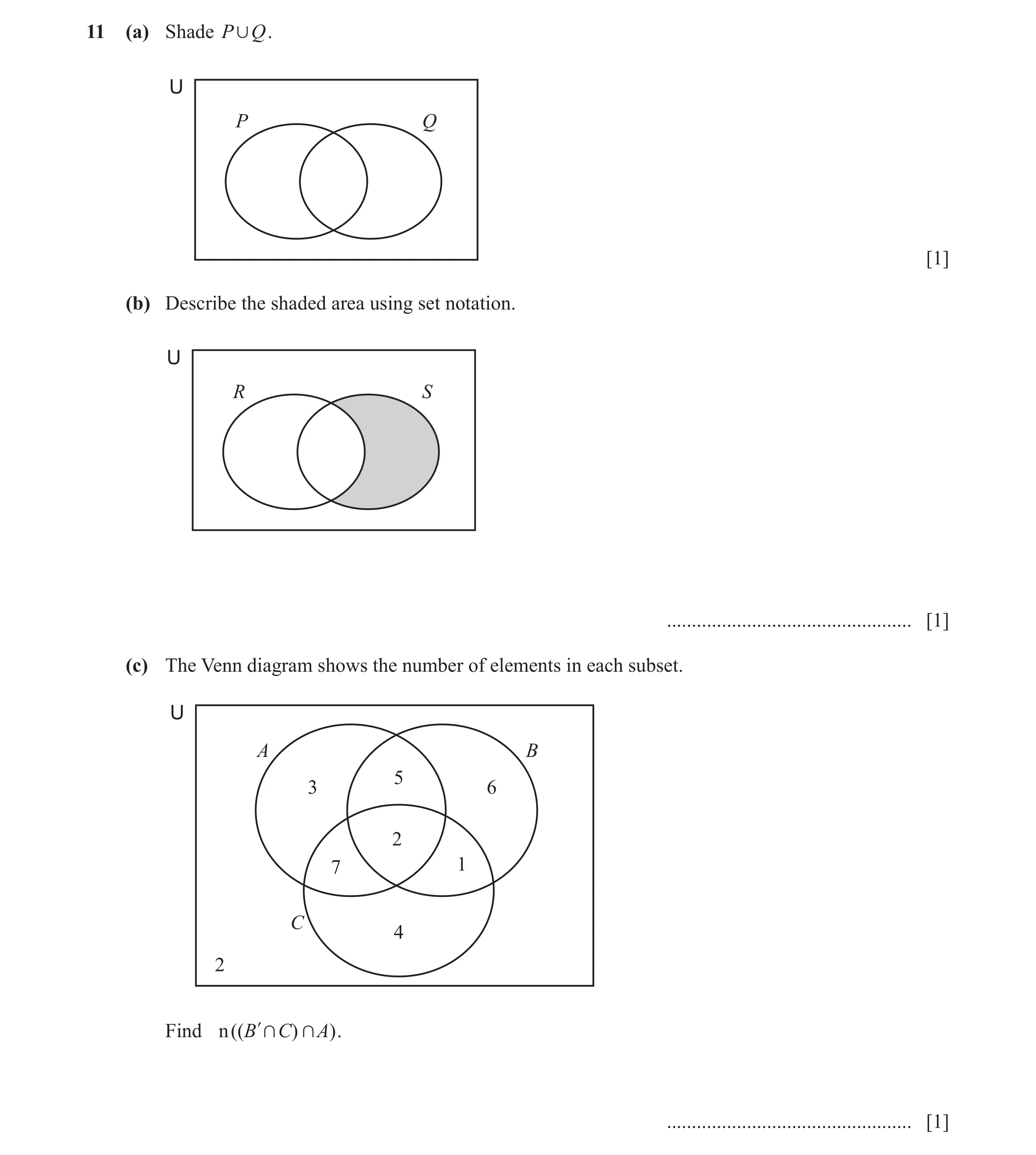 Question 10: (a) Shade P , Q . U P Q [1] (b) Describe the shaded area using set notation. U R S ................................................. [1] (c…