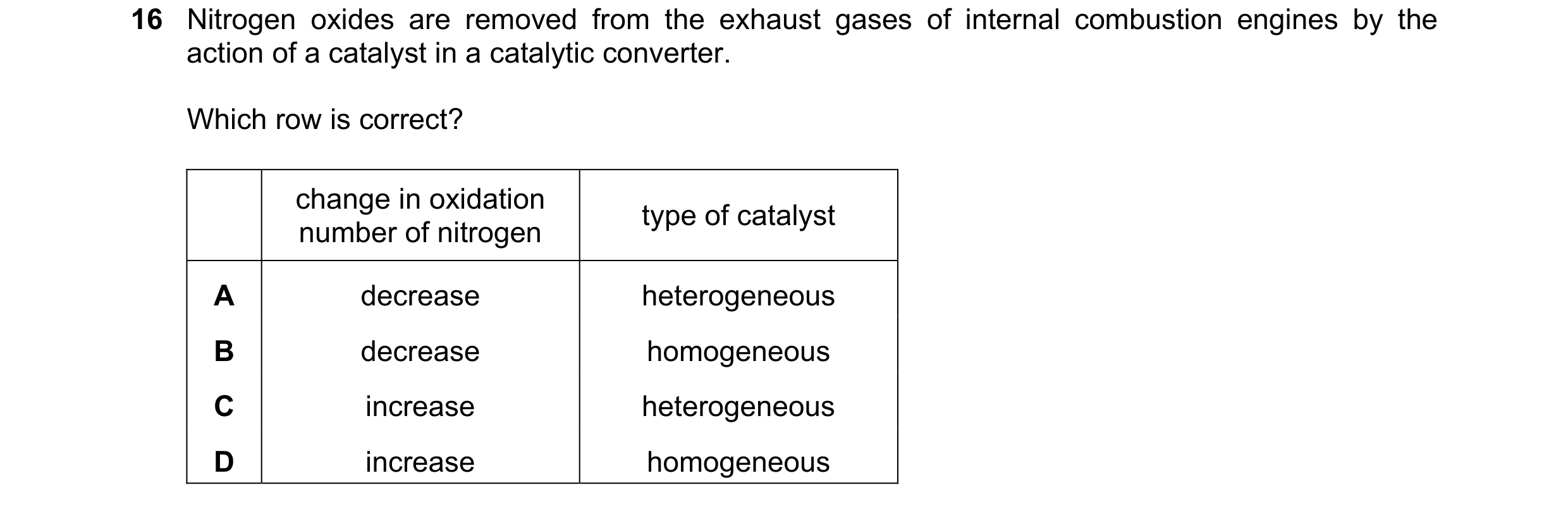 Question 238: Nitrogen oxides are removed from the exhaust gases of internal combustion engines by the action of a catalyst in a catalytic converter. Whi…