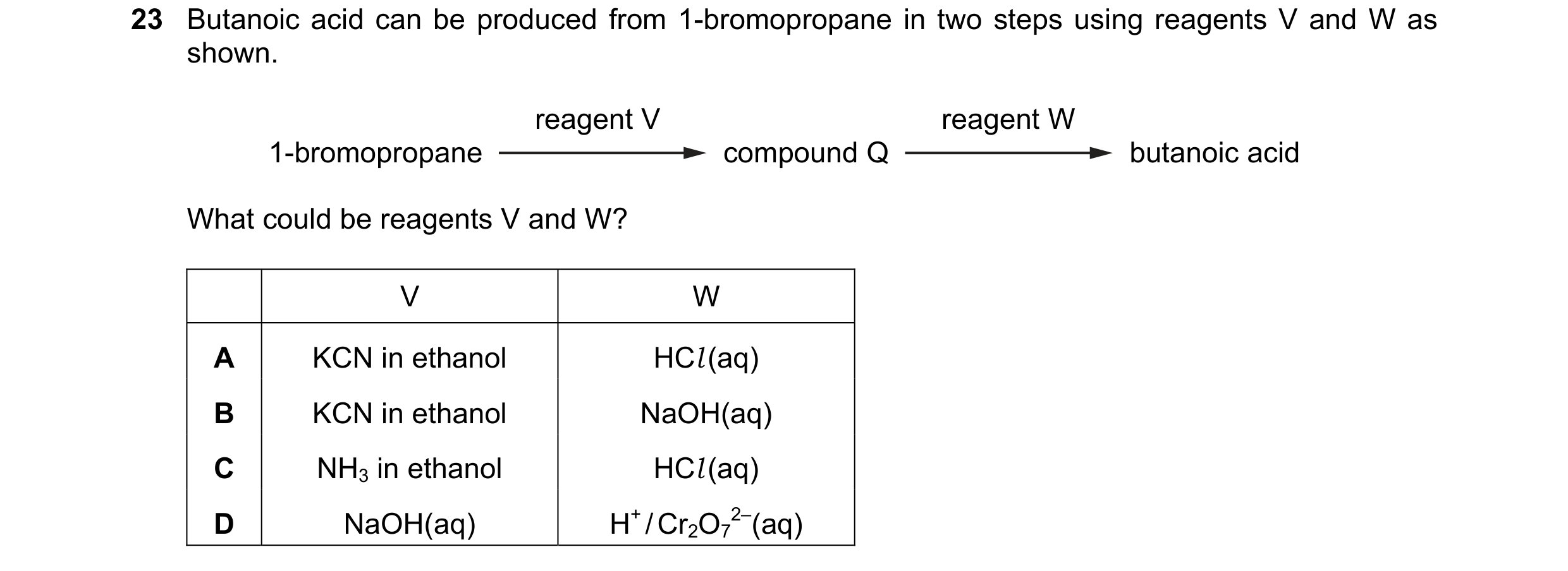 Question 80: Butanoic acid can be produced from 1-bromopropane in two steps using reagents V and W as shown. reagent V reagent W 1-bromopropane compound…